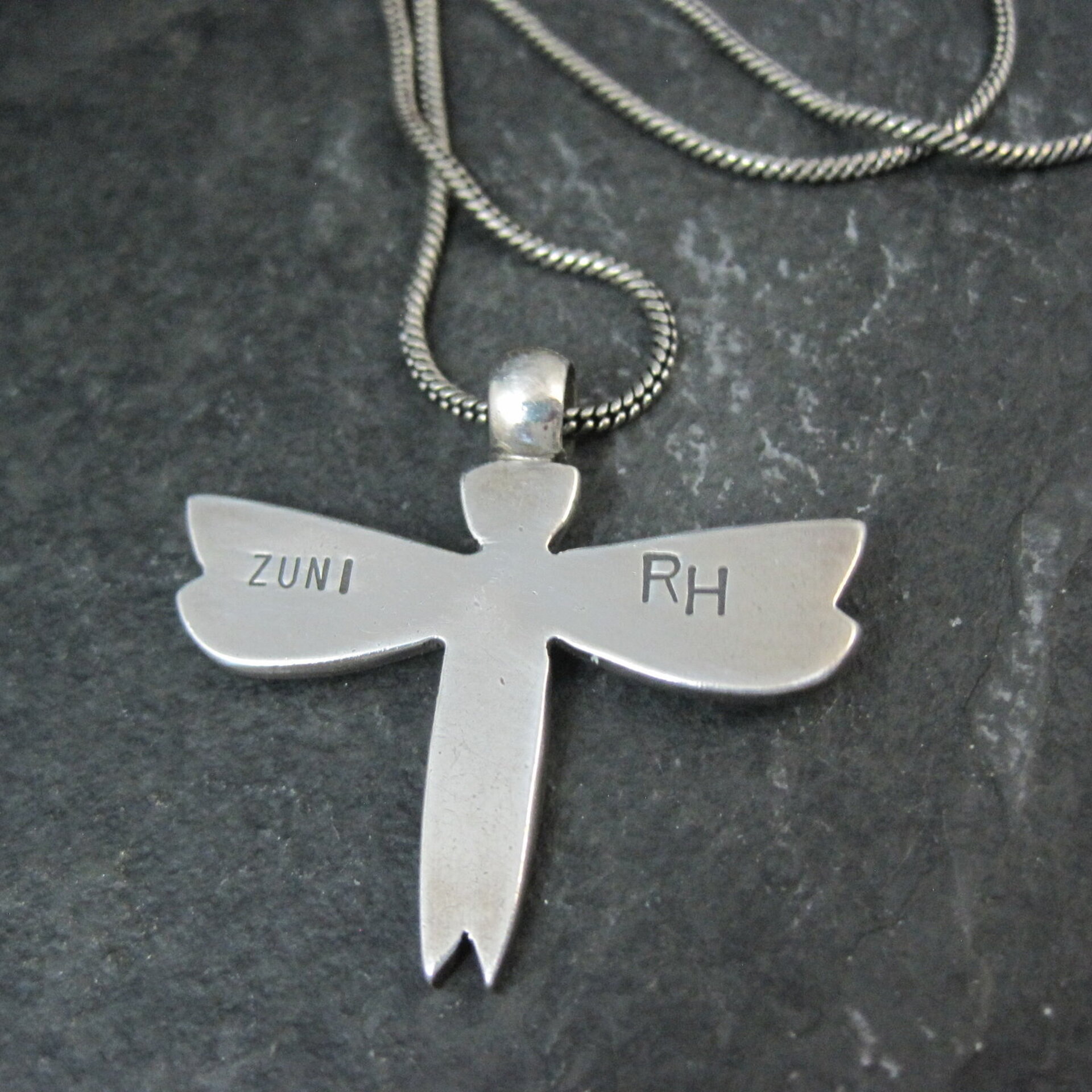 Vintage Sterling Silver Turquoise Dragonfly Maiden Pendant Necklace by Zuni Rolanda Haloo