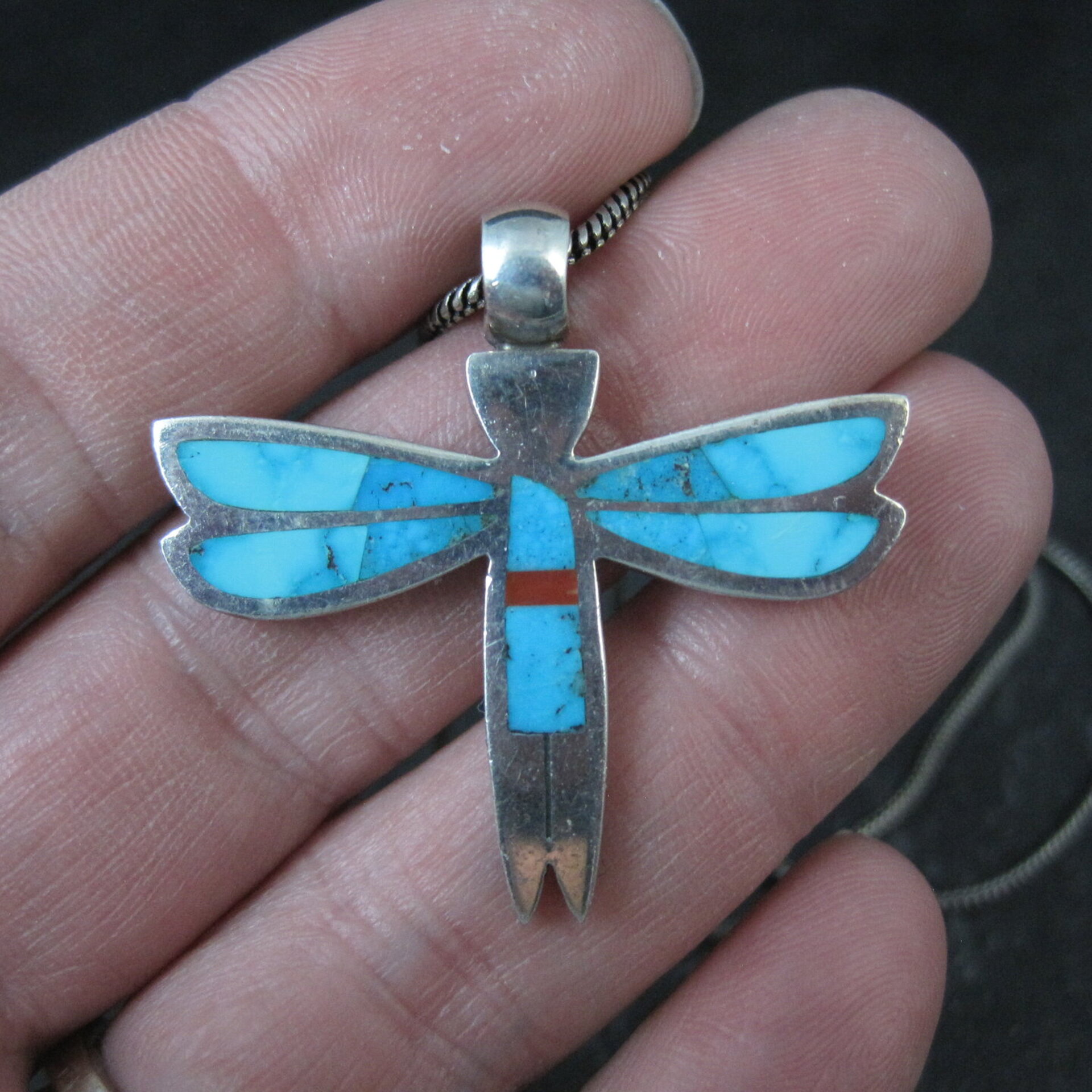 Vintage Sterling Silver Turquoise Dragonfly Maiden Pendant Necklace by Zuni Rolanda Haloo