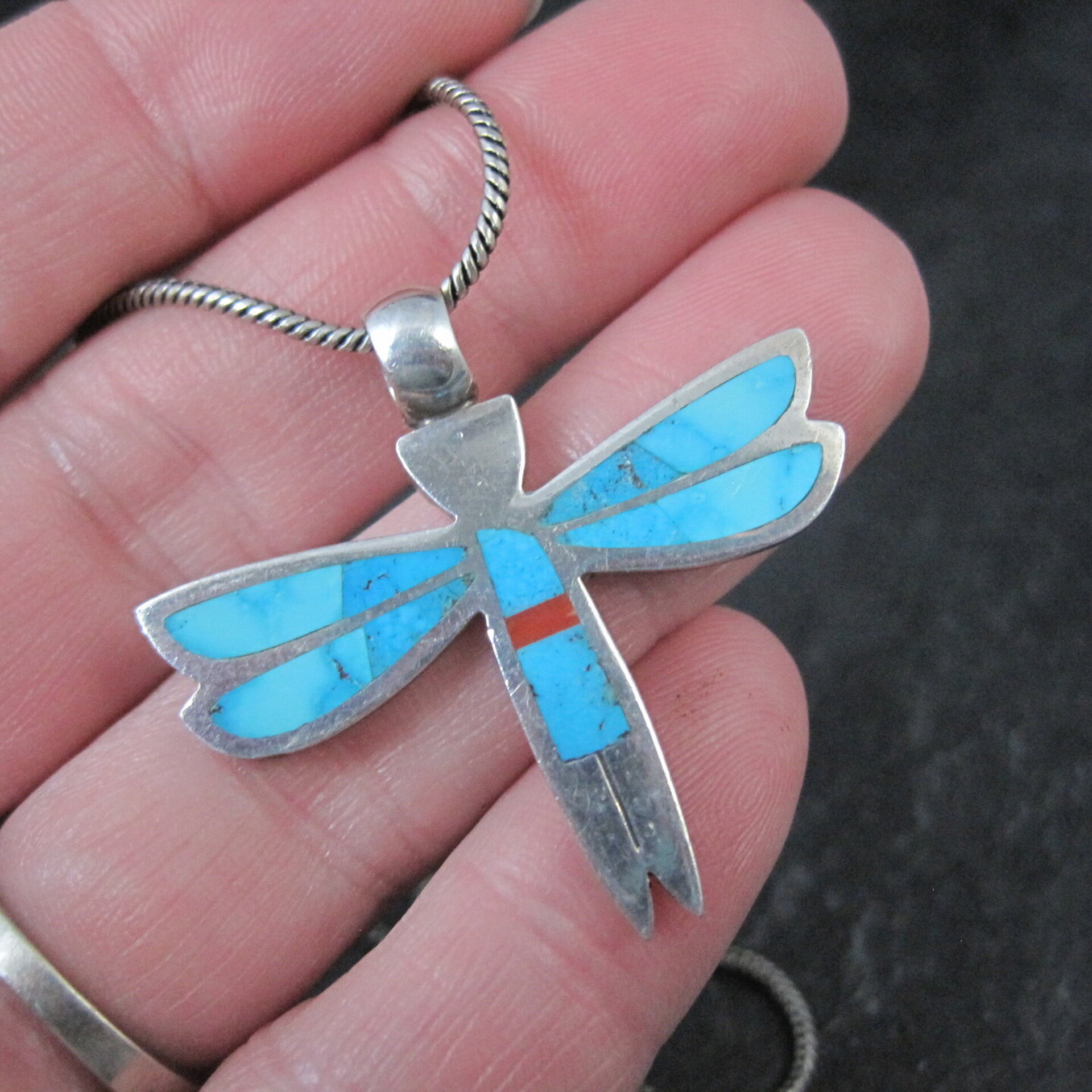 Vintage Sterling Silver Turquoise Dragonfly Maiden Pendant Necklace by Zuni Rolanda Haloo