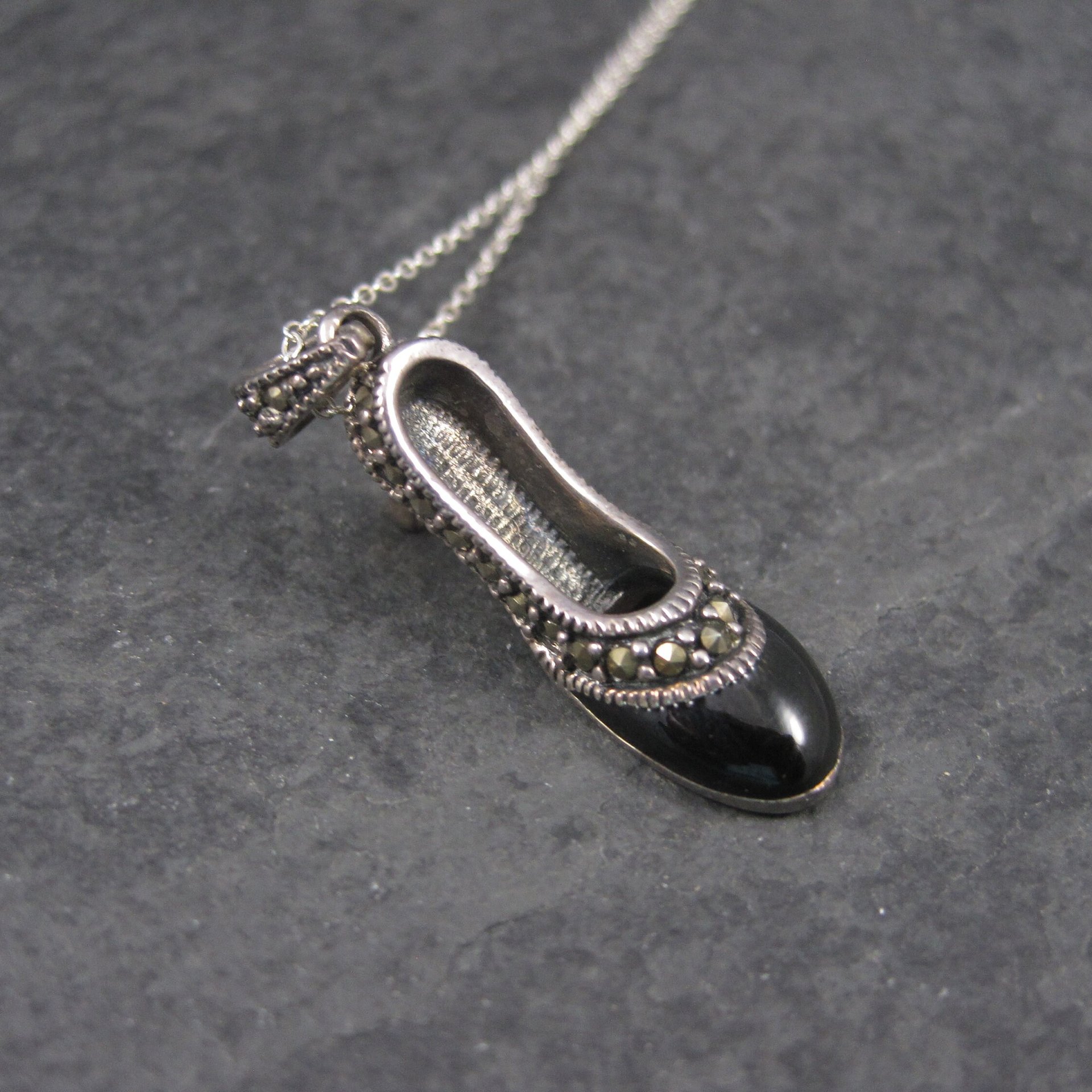 Vintage Sterling Onyx Marcasite High Heel Shoe Pendant Necklace