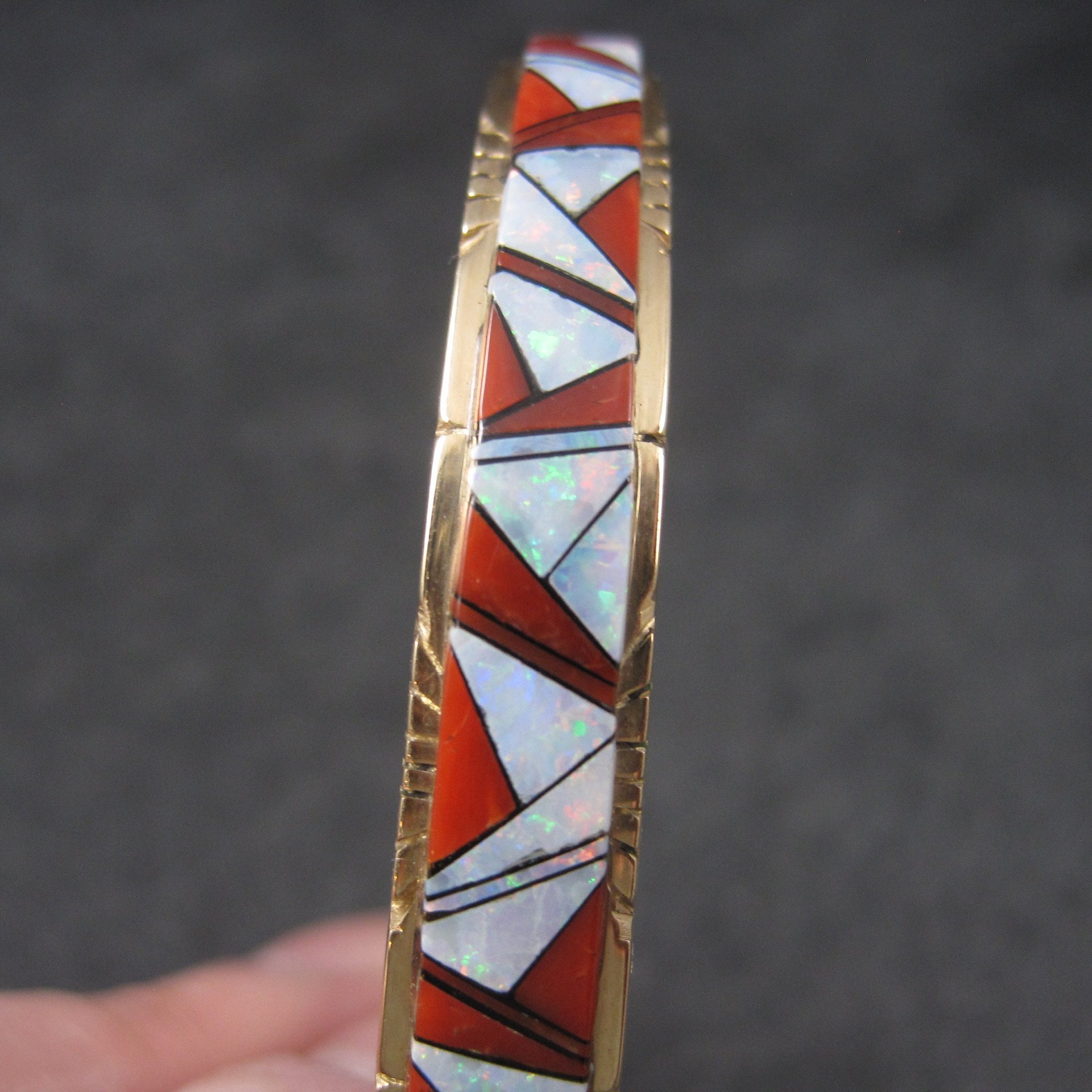 Vintage 14K Coral Opal Inlay Cuff Bracelet 5.75 Inches