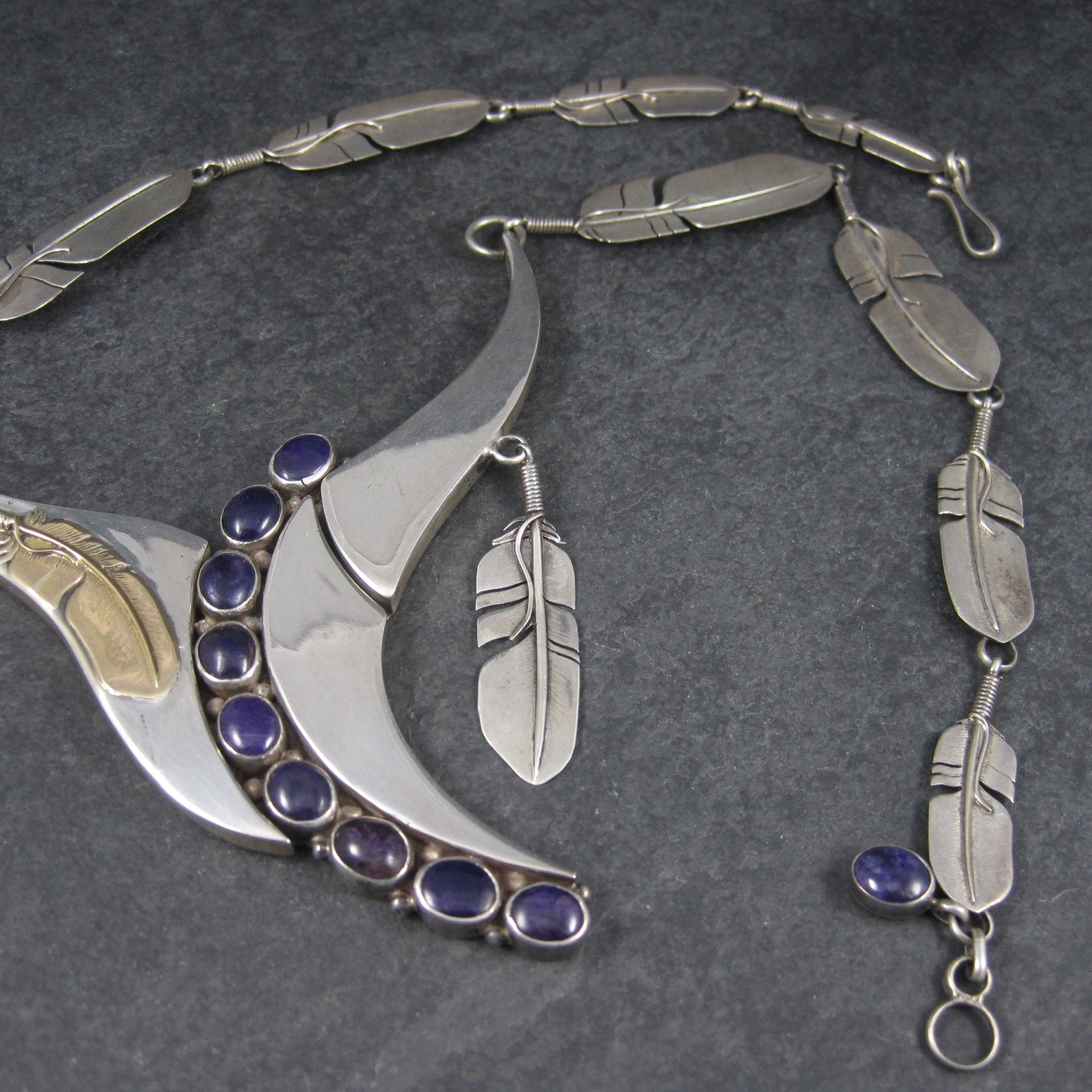 Navajo Sugilite Feather Necklace Wilbert Vandever Sterling Silver and 14K Yellow Gold