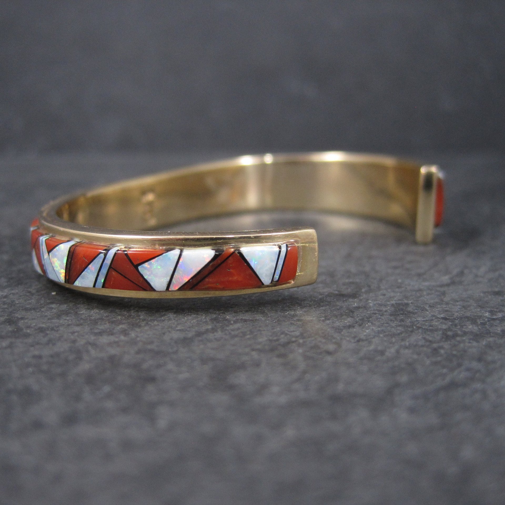 Vintage 14K Coral Opal Inlay Cuff Bracelet 5.75 Inches