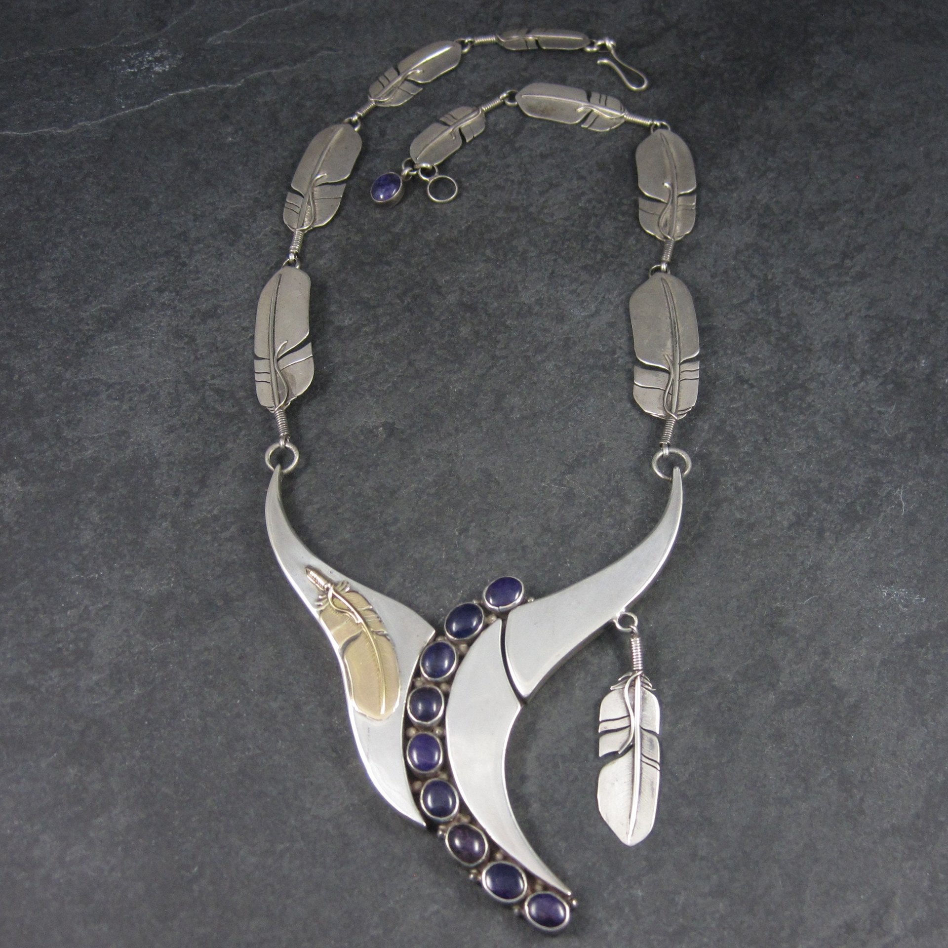 Navajo Sugilite Feather Necklace Wilbert Vandever Sterling Silver and 14K Yellow Gold