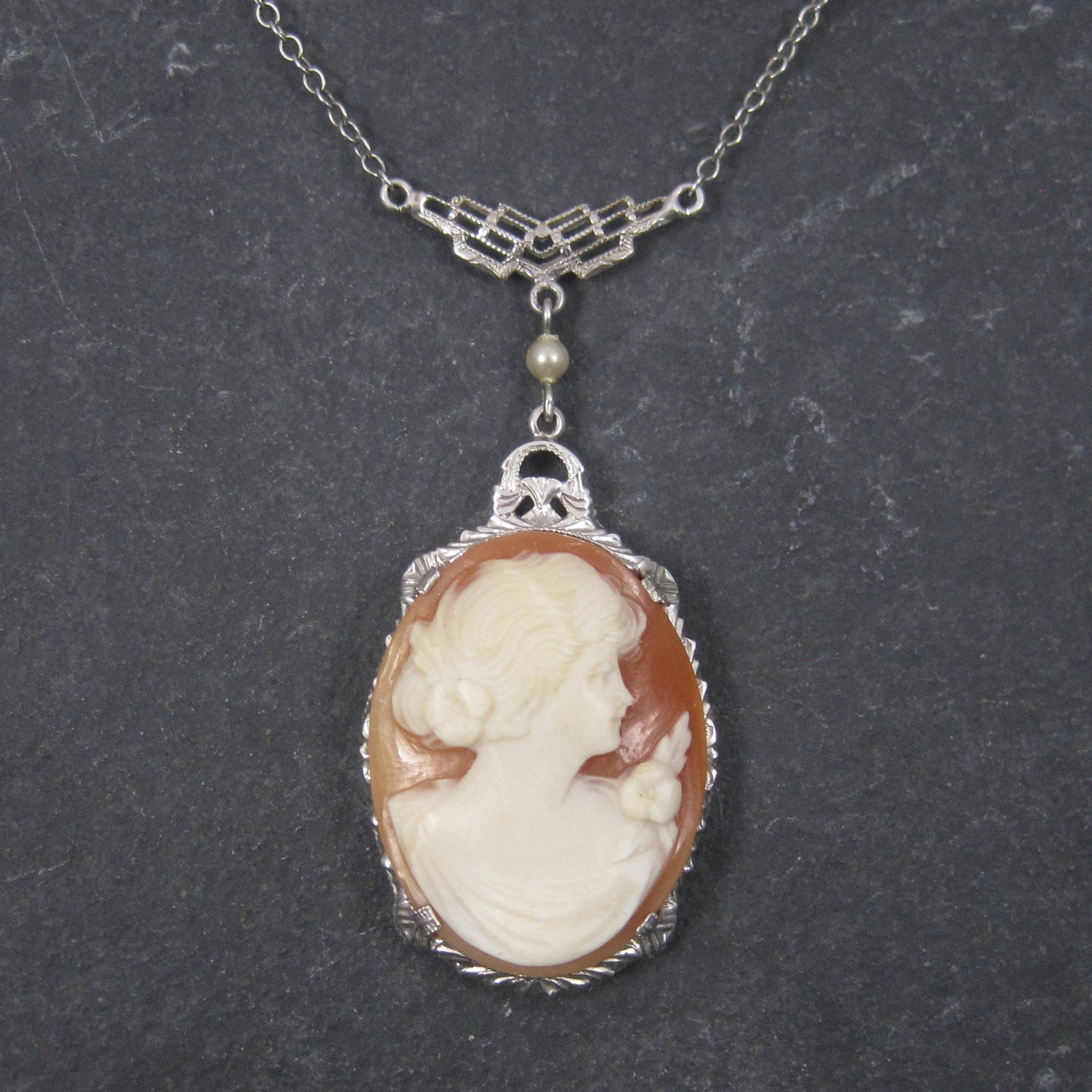 Antique 10K Art Deco Carved Cameo Necklace Choker 13 Inches