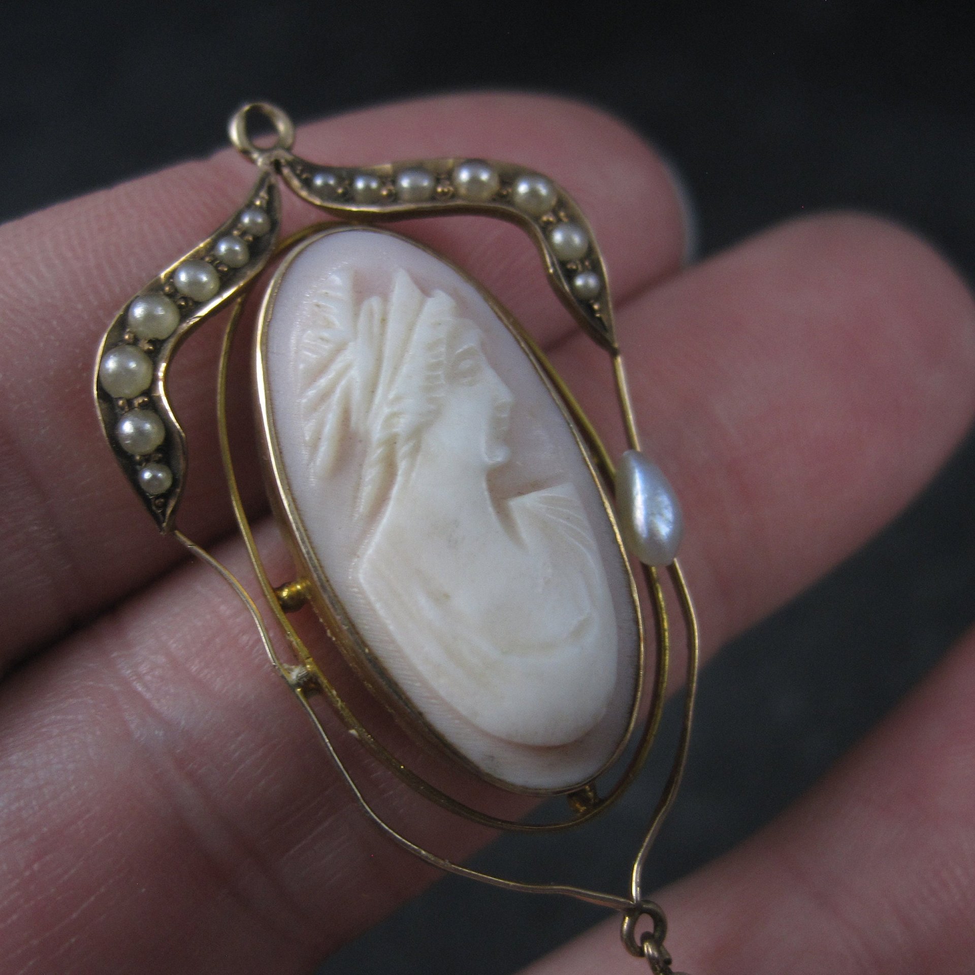 Antique 10K Seed Pearl Cameo Pendant