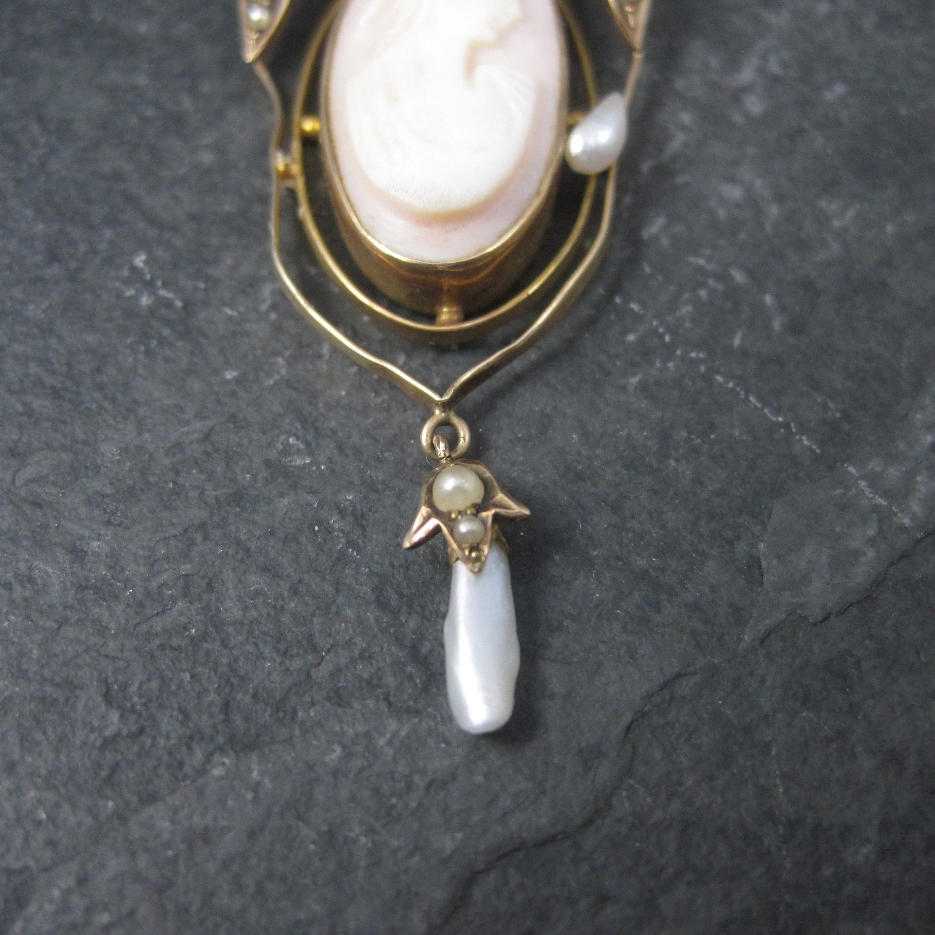 Antique 10K Seed Pearl Cameo Pendant