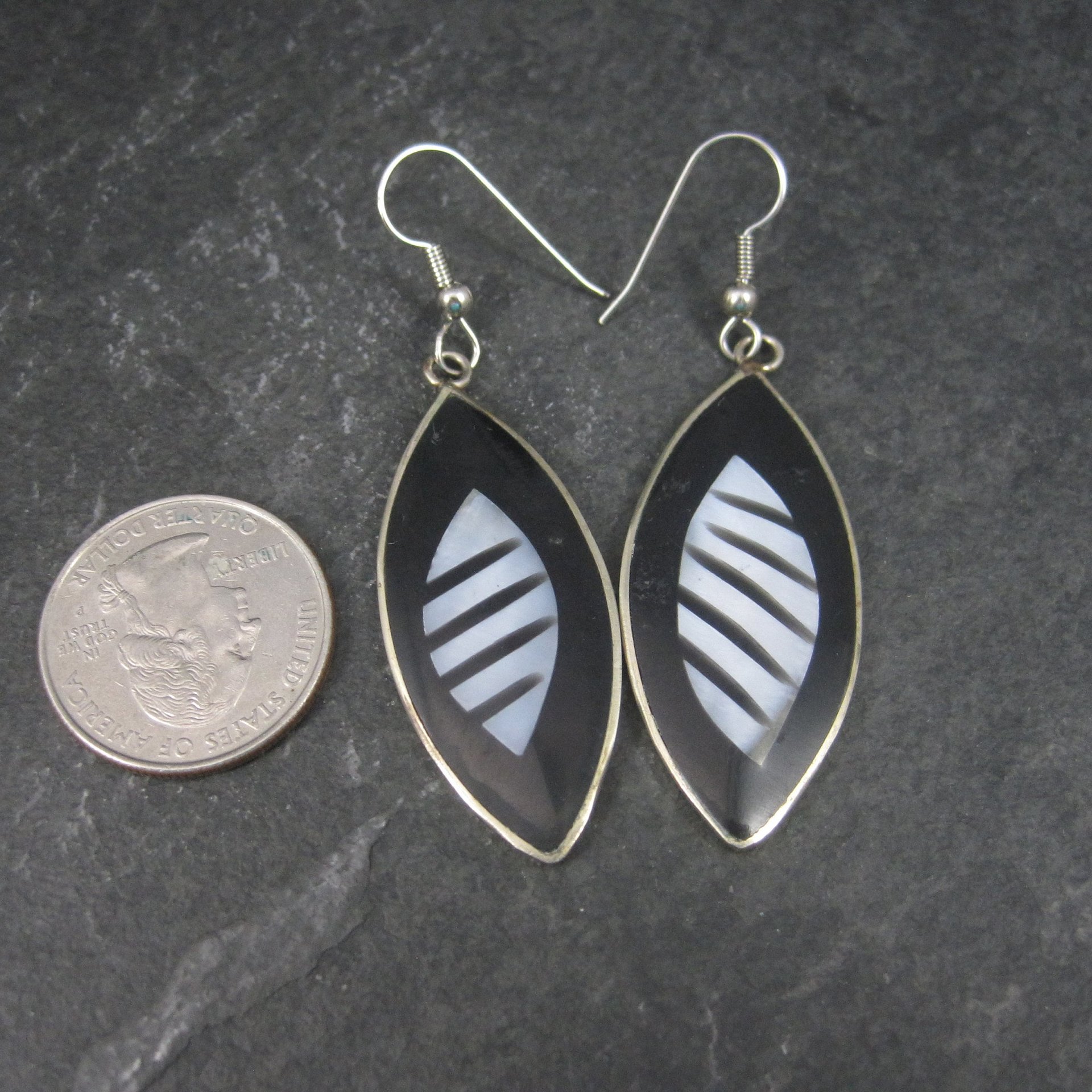 Vintage Mexican Alpaca Silver Black White Earrings