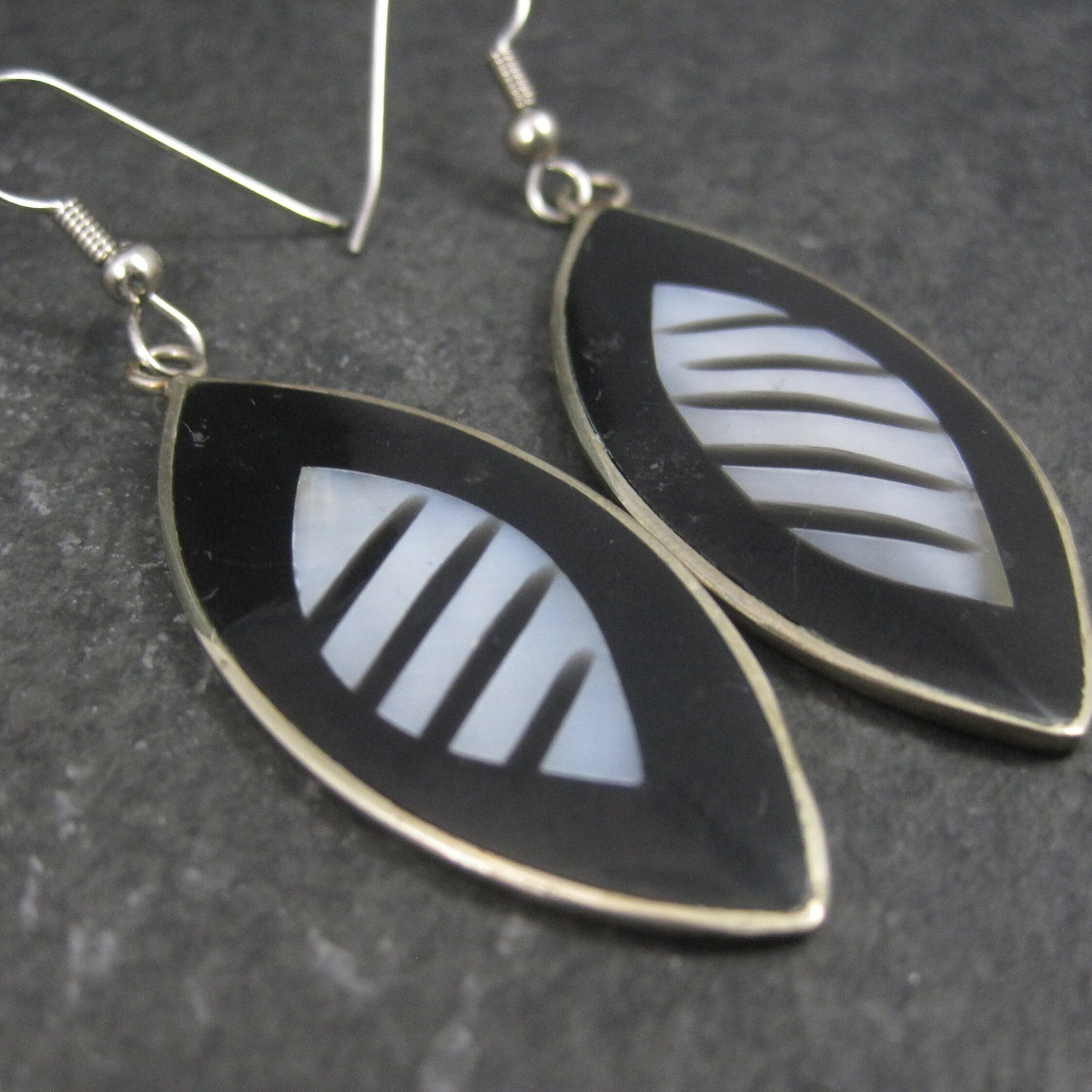 Vintage Mexican Alpaca Silver Black White Earrings
