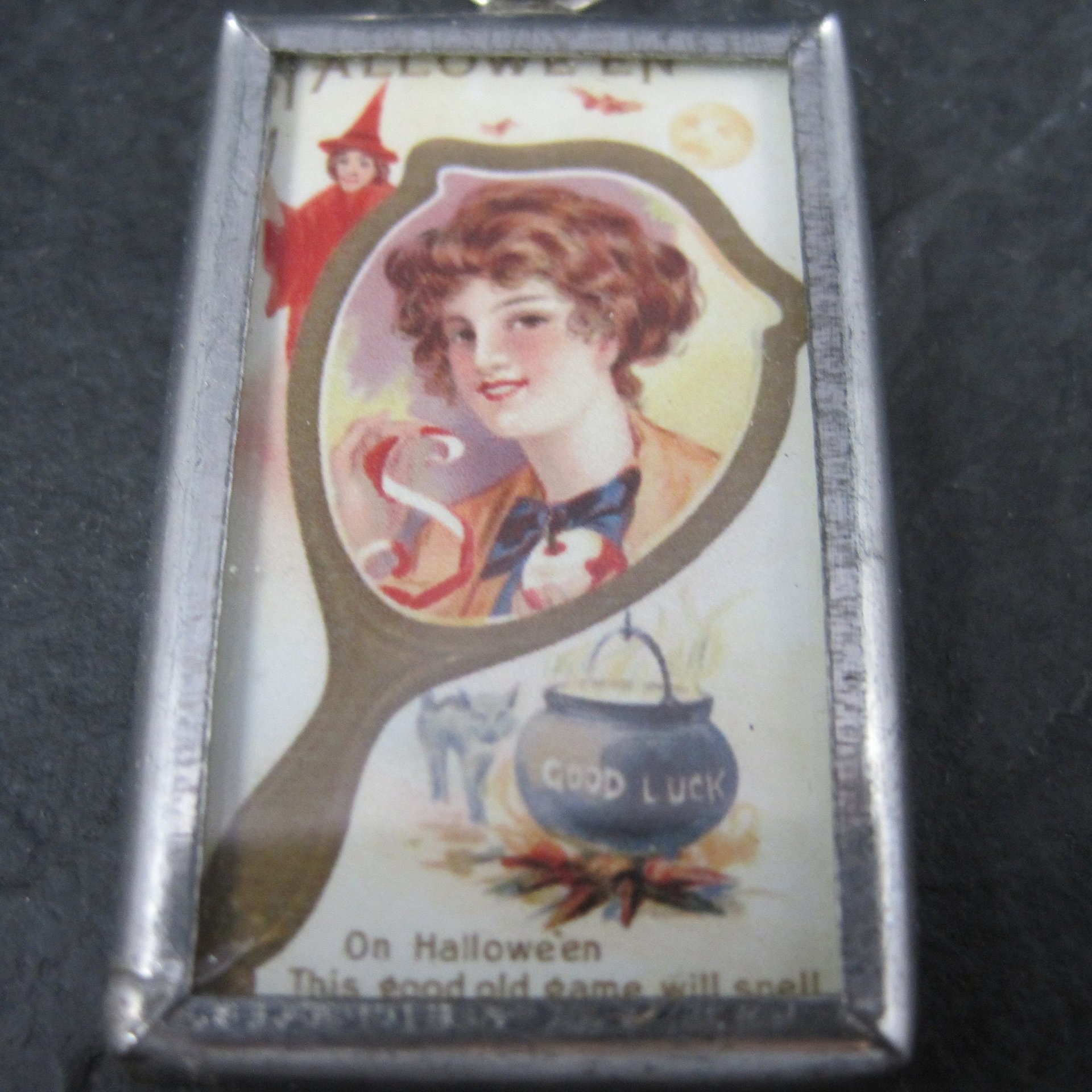 Vintage Halloween When Witches Go Riding Postcard Pendant Charm