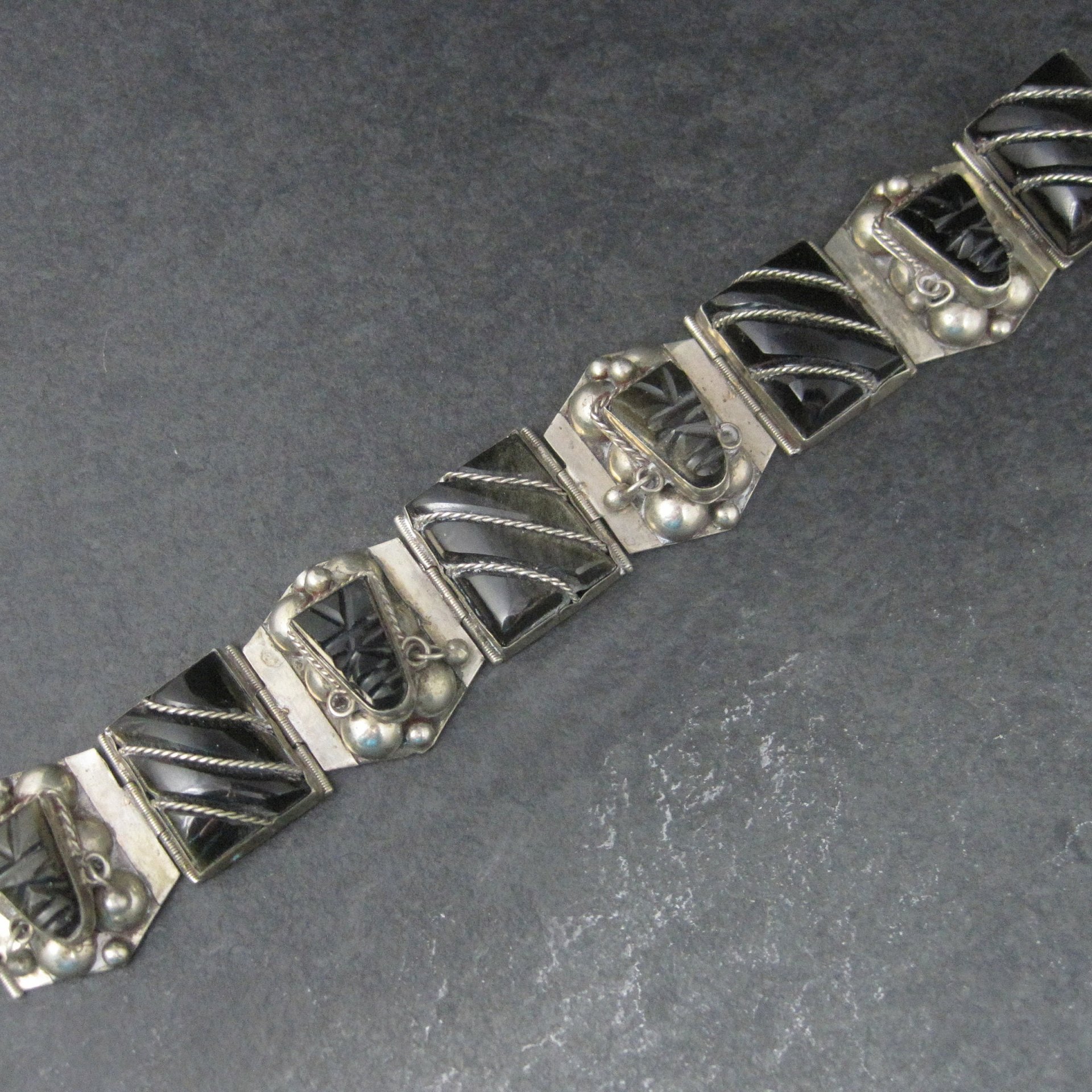 Vintage Mexican Sterling Obsidian Mask Panel Bracelet 7 Inches