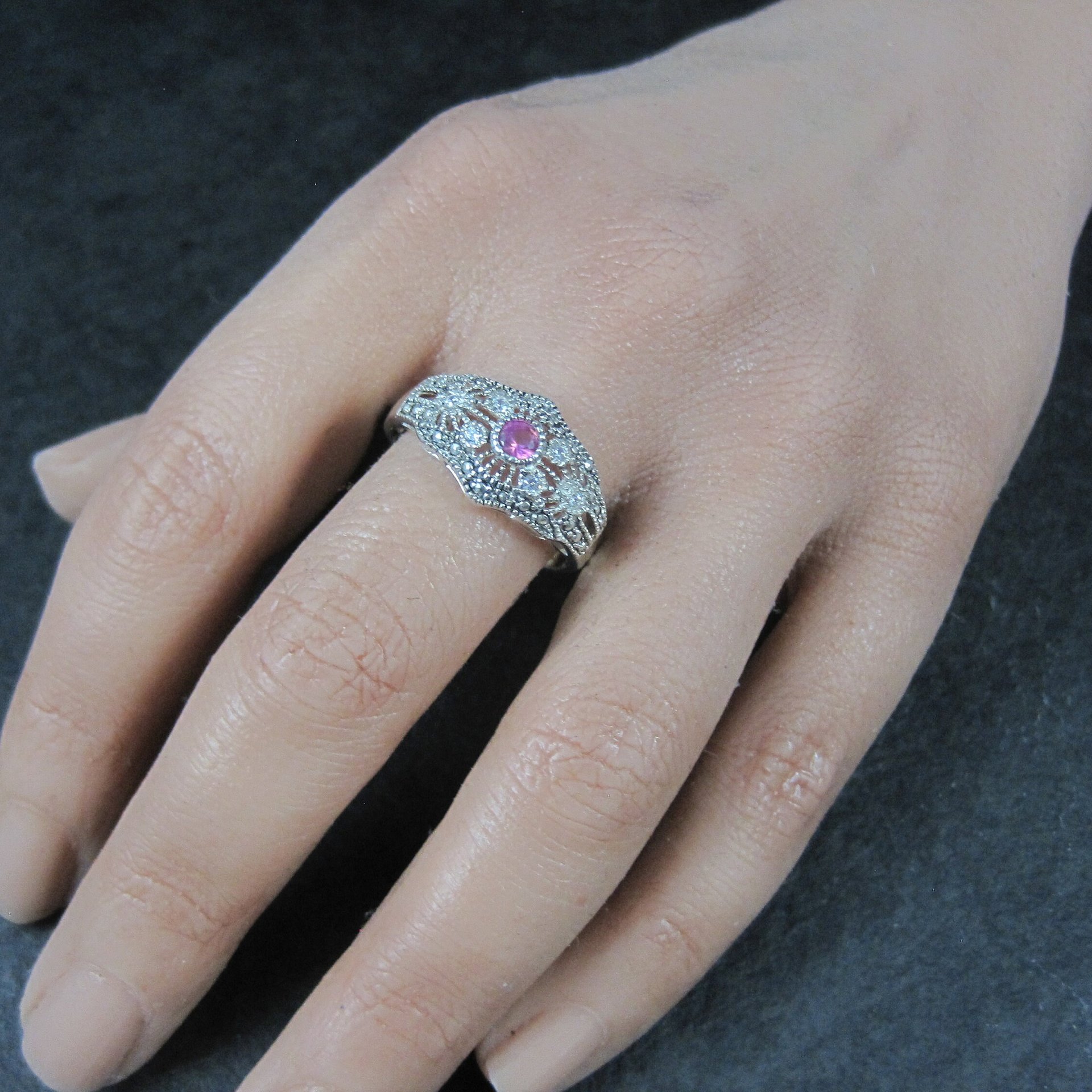 Vintage Sterling Filigree Ruby Ring Size 10