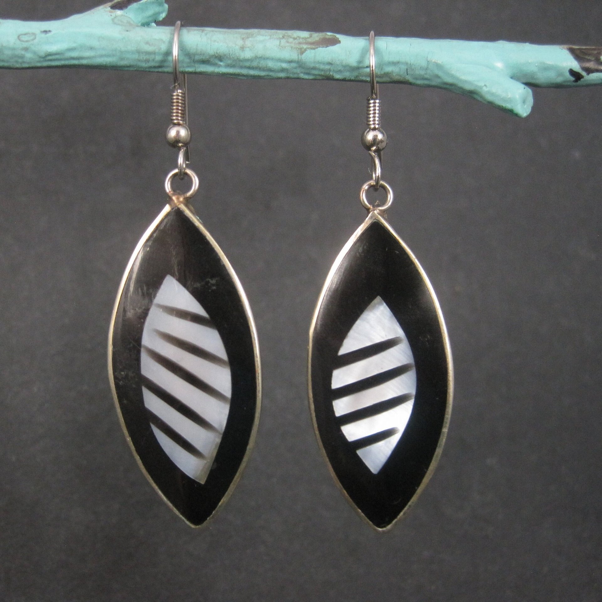 Vintage Mexican Alpaca Silver Black White Earrings