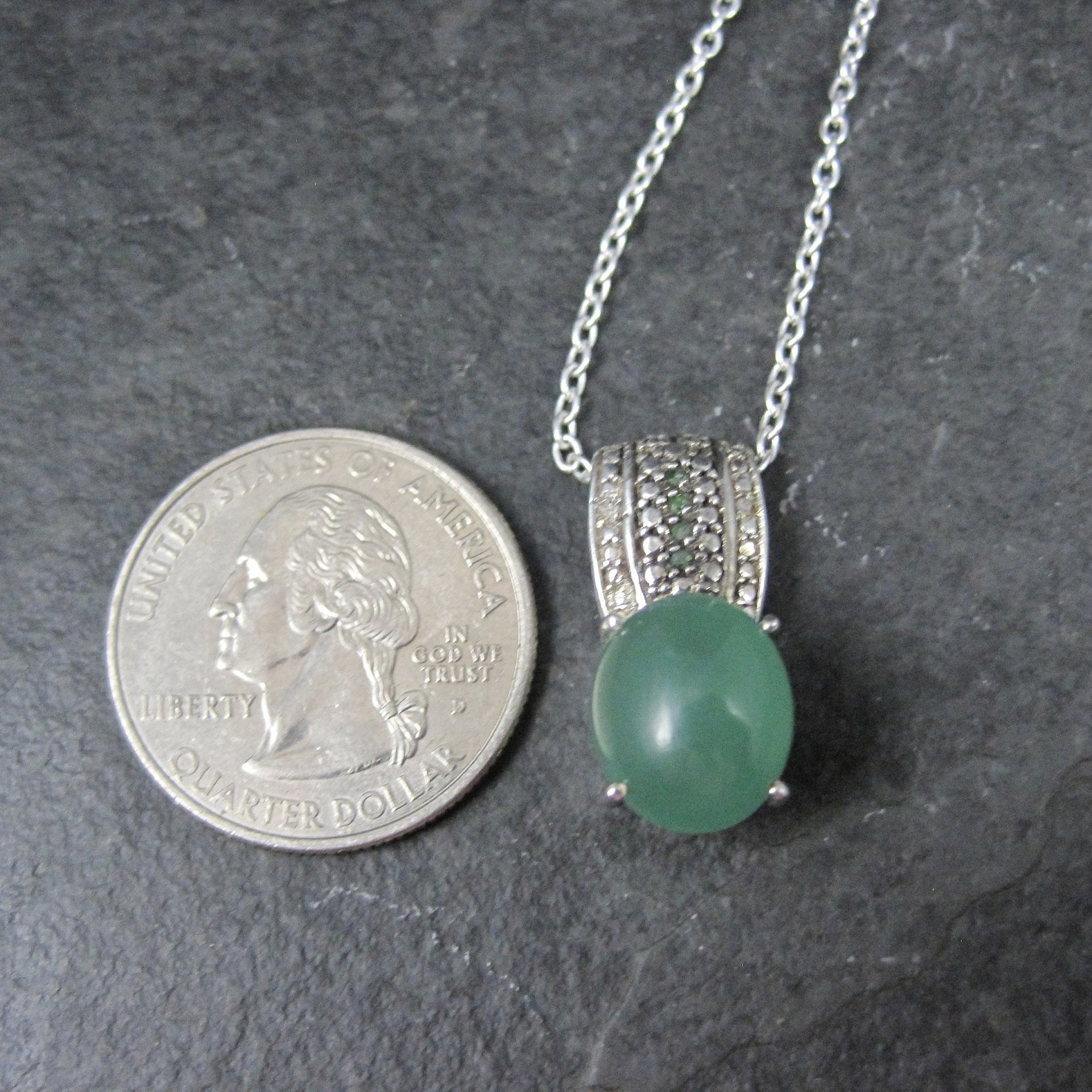 Jade and Green Diamond Pendant Necklace Sterling Silver