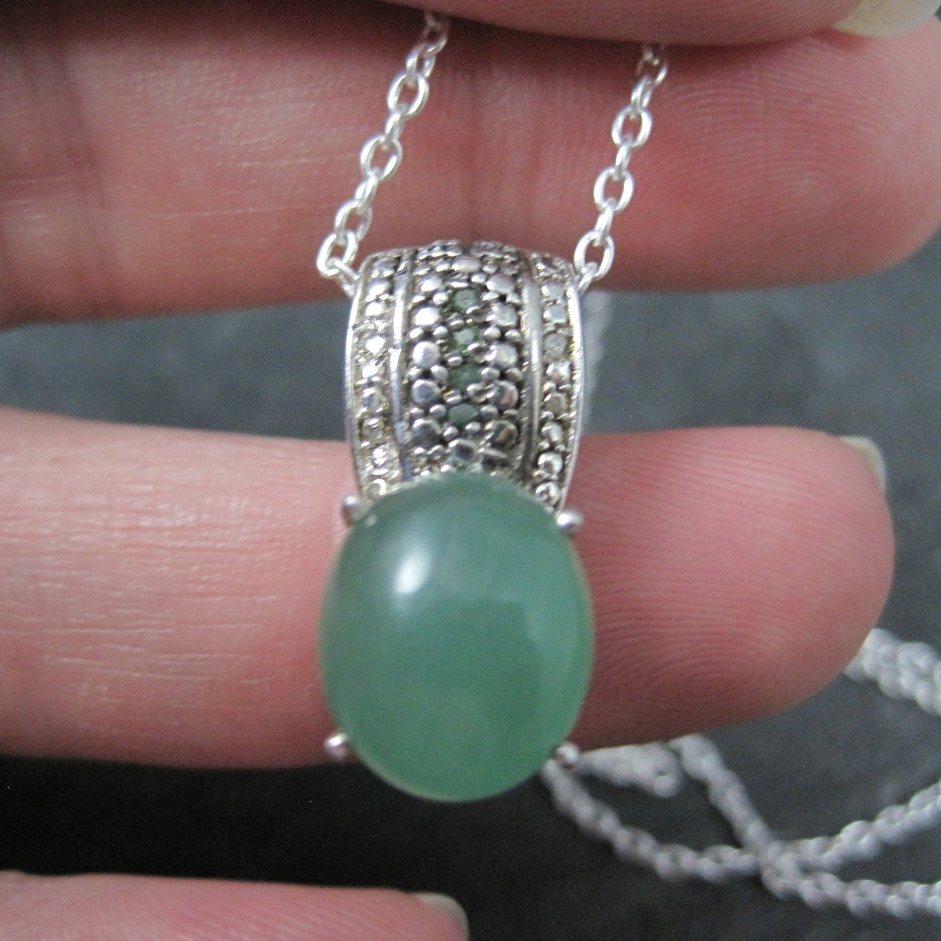 Jade and Green Diamond Pendant Necklace Sterling Silver