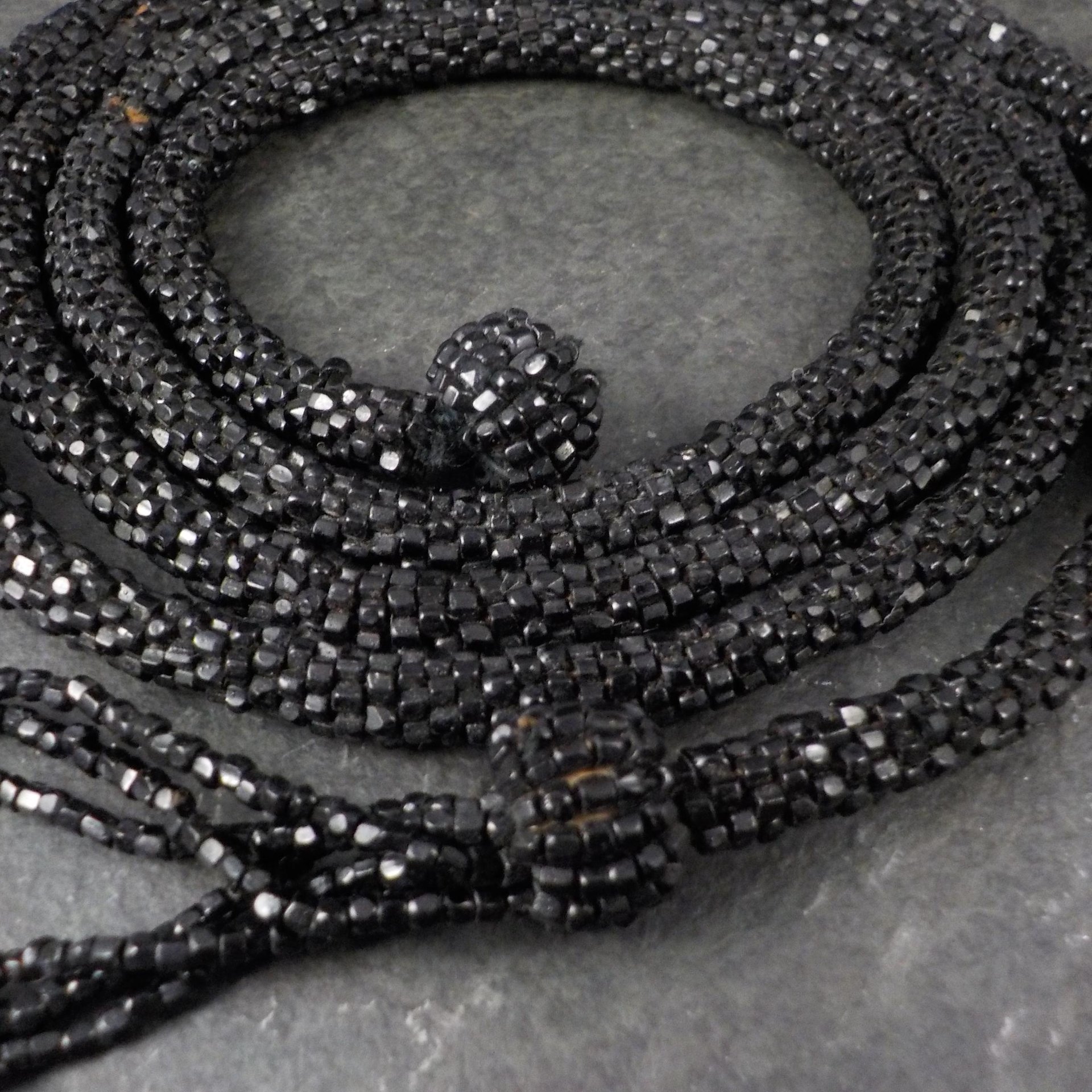Antique Black Soft Jet Beaded Necklace, Art Deco, ca 1900 to 1920s, Victorian Mourning 42 Inches