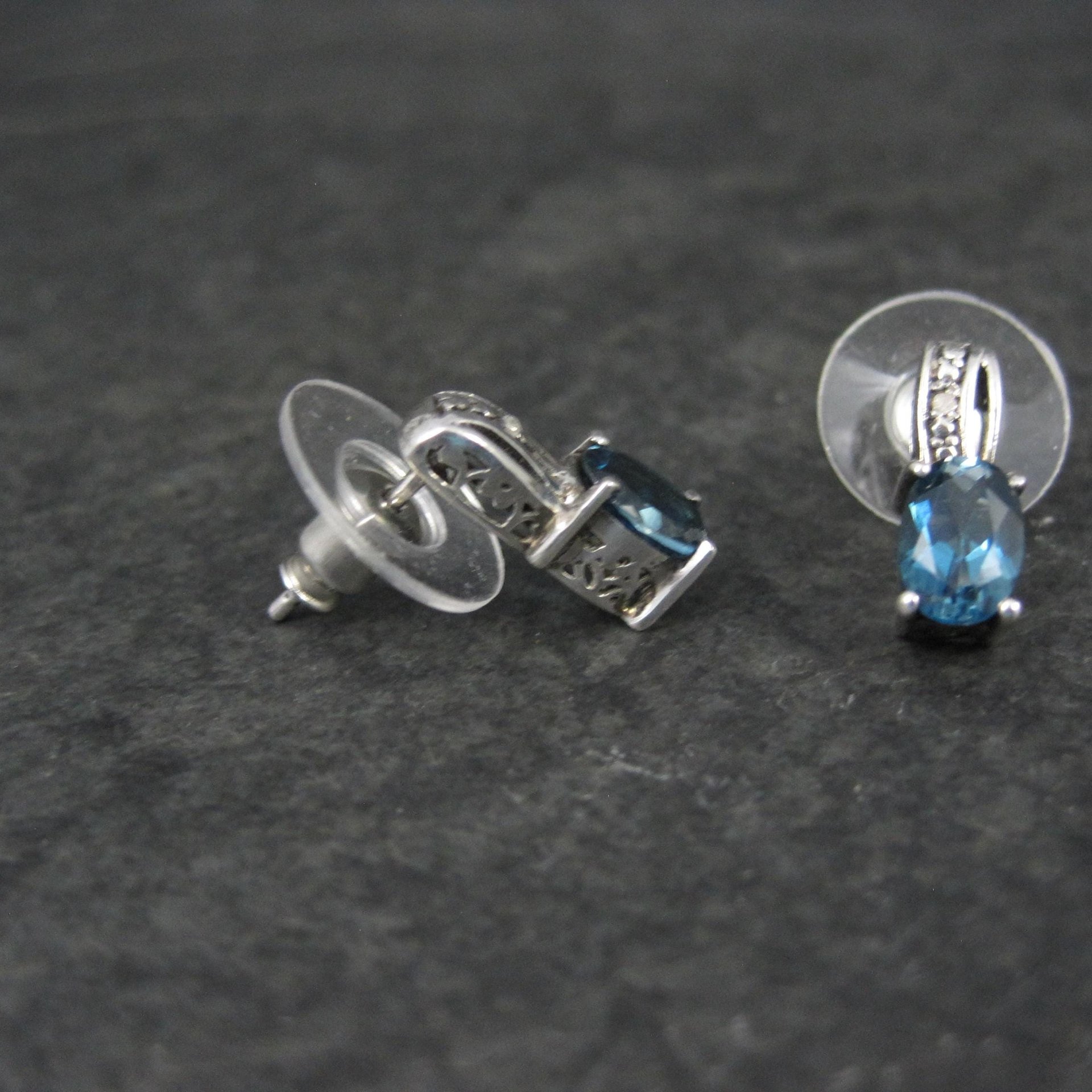 Blue Topaz and Diamond Stud Earrings Sterling Silver
