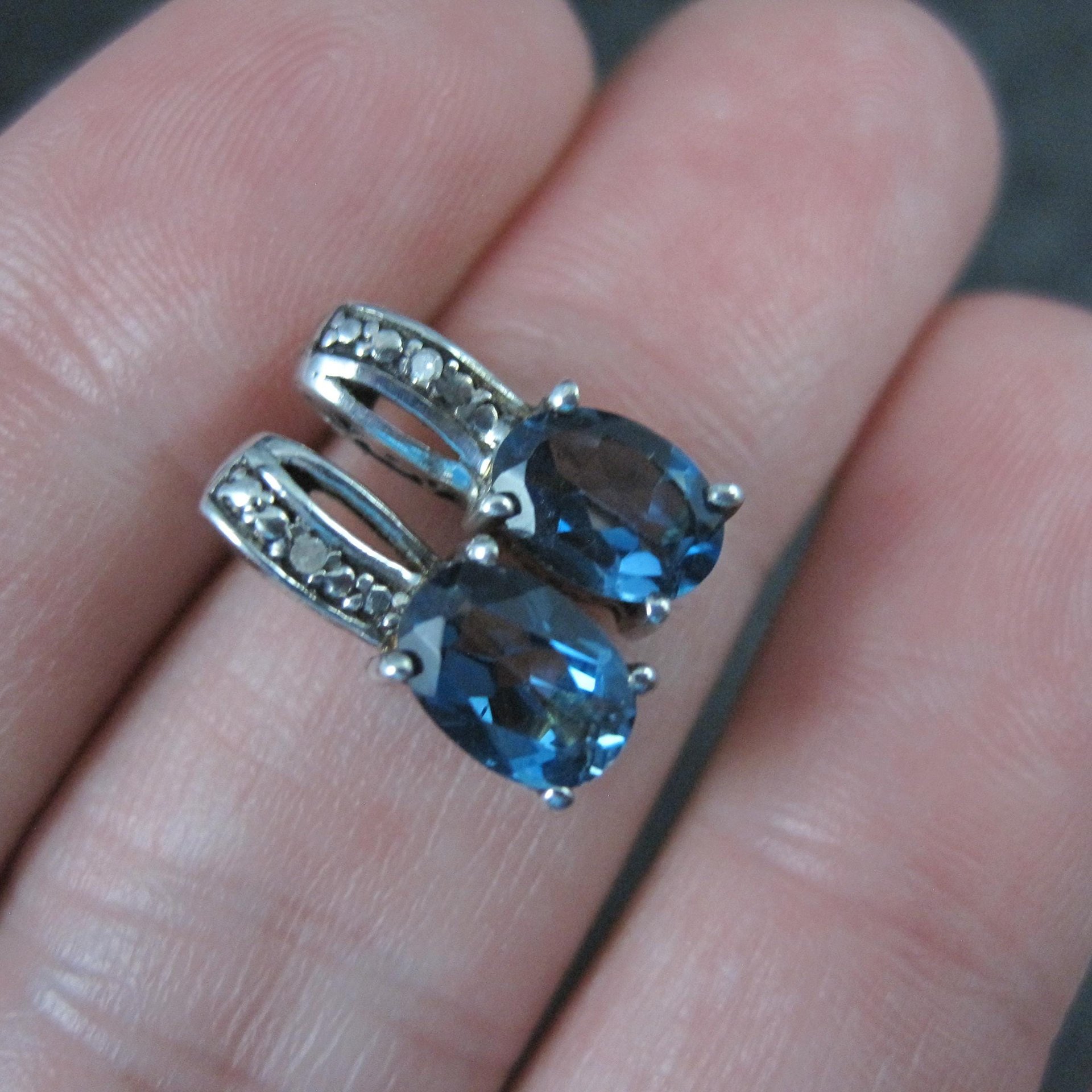 Blue Topaz and Diamond Stud Earrings Sterling Silver