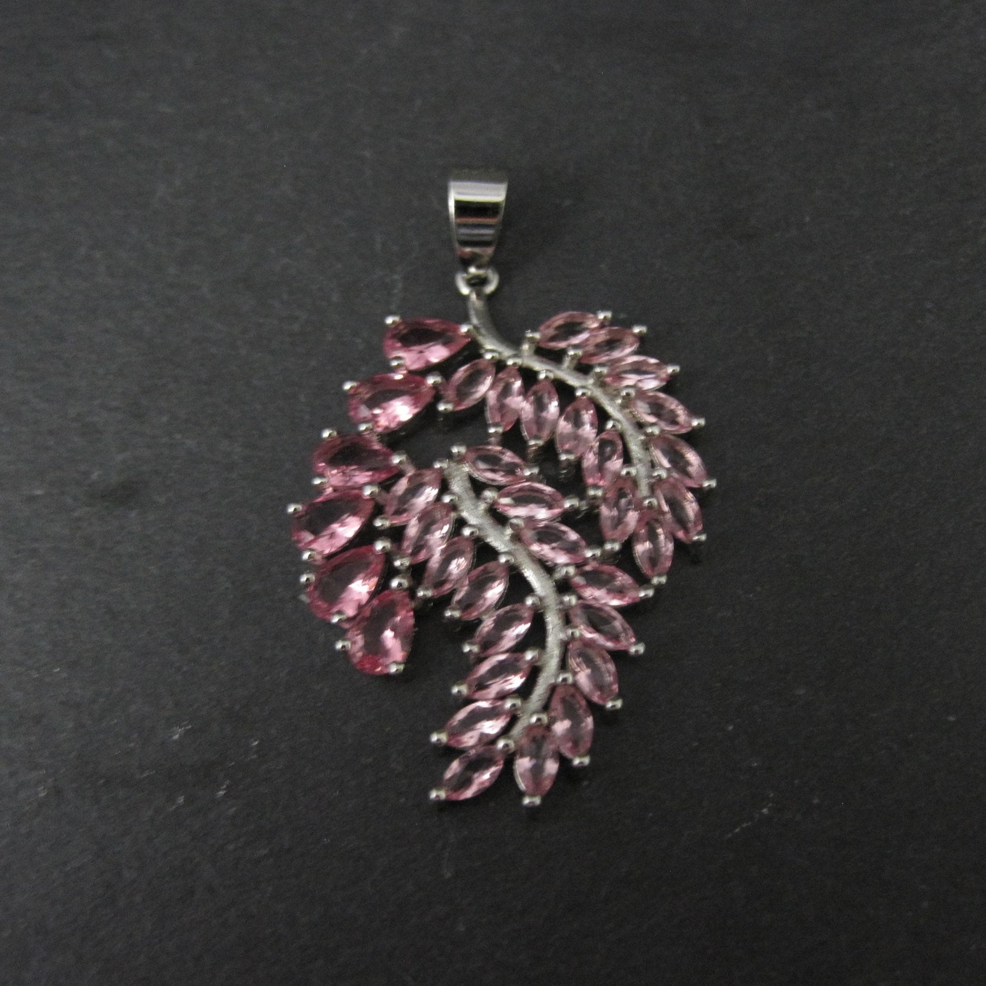 Estate Sterling Silver Pink Ice Cubic Zirconia Leaf Pendant