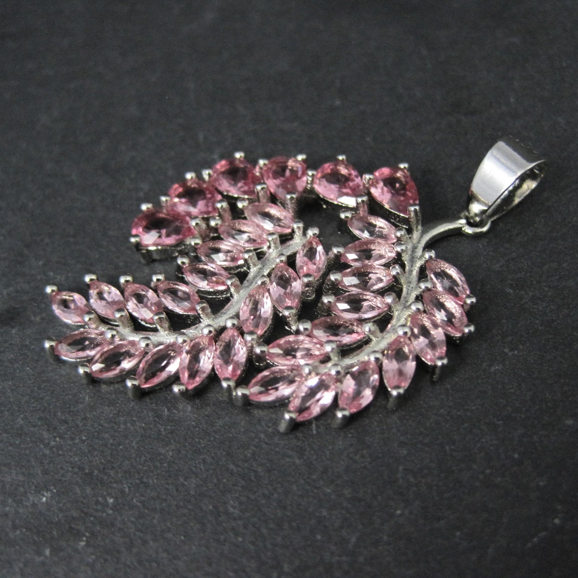 Estate Sterling Silver Pink Ice Cubic Zirconia Leaf Pendant