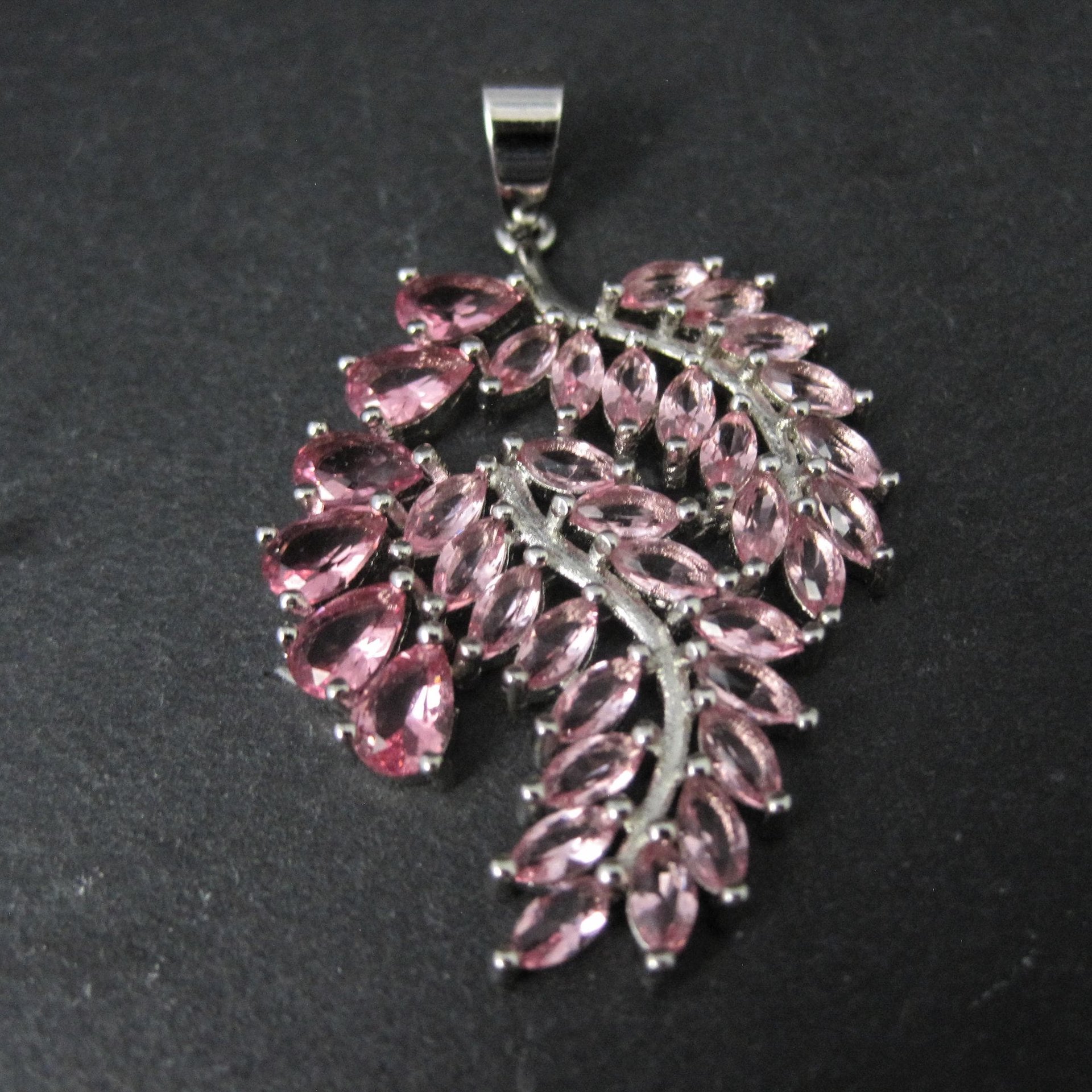 Estate Sterling Silver Pink Ice Cubic Zirconia Leaf Pendant