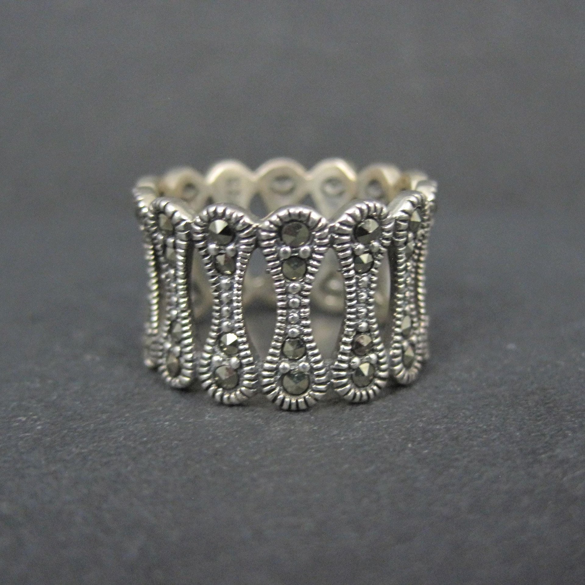 Wide Sterling Silver Marcasite Band Ring Size 7.5