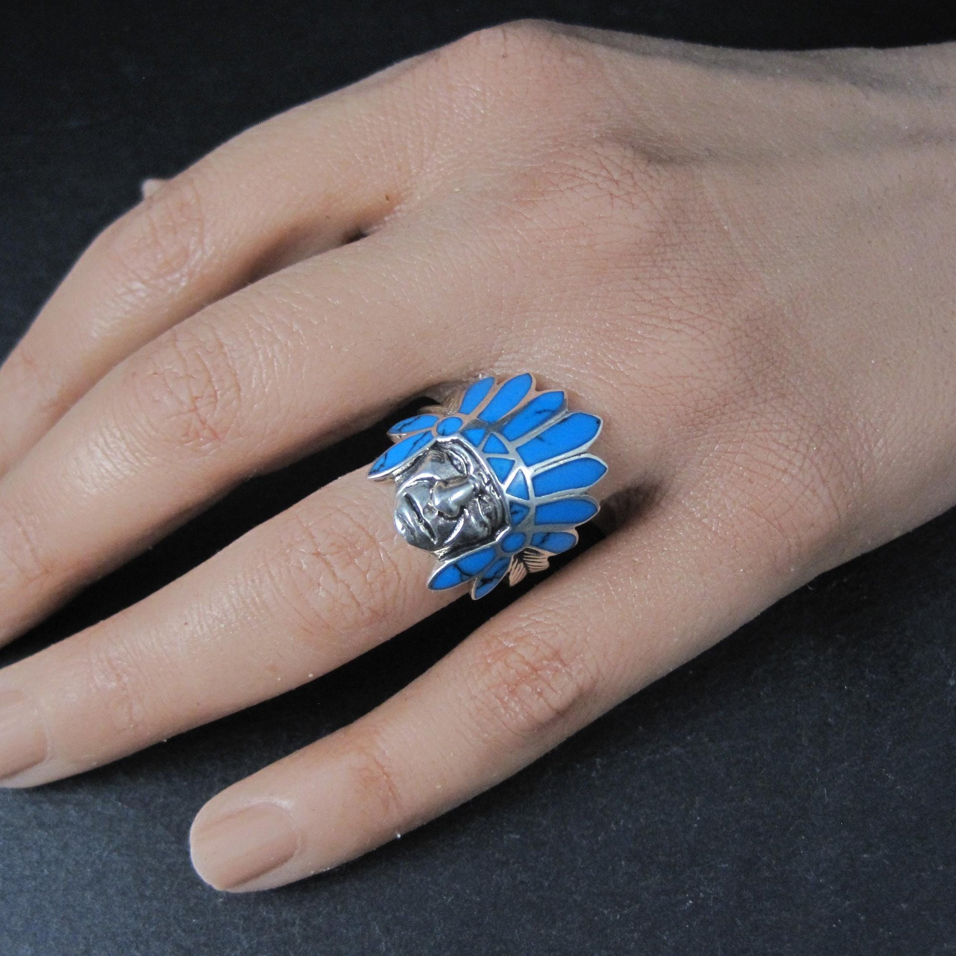 Sterling Silver Turquoise Indian Chief Turquoise Headdress Ring Size 7.5