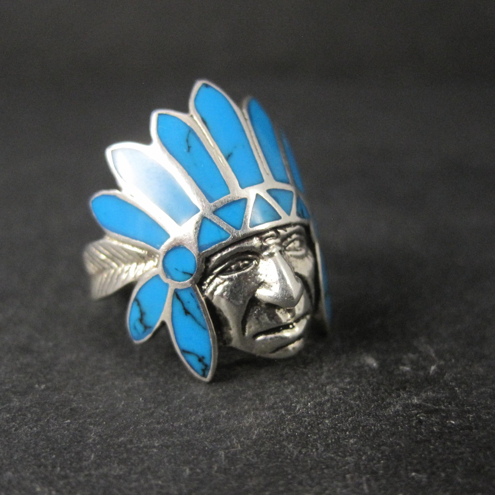 Sterling Silver Turquoise Indian Chief Turquoise Headdress Ring Size 7.5