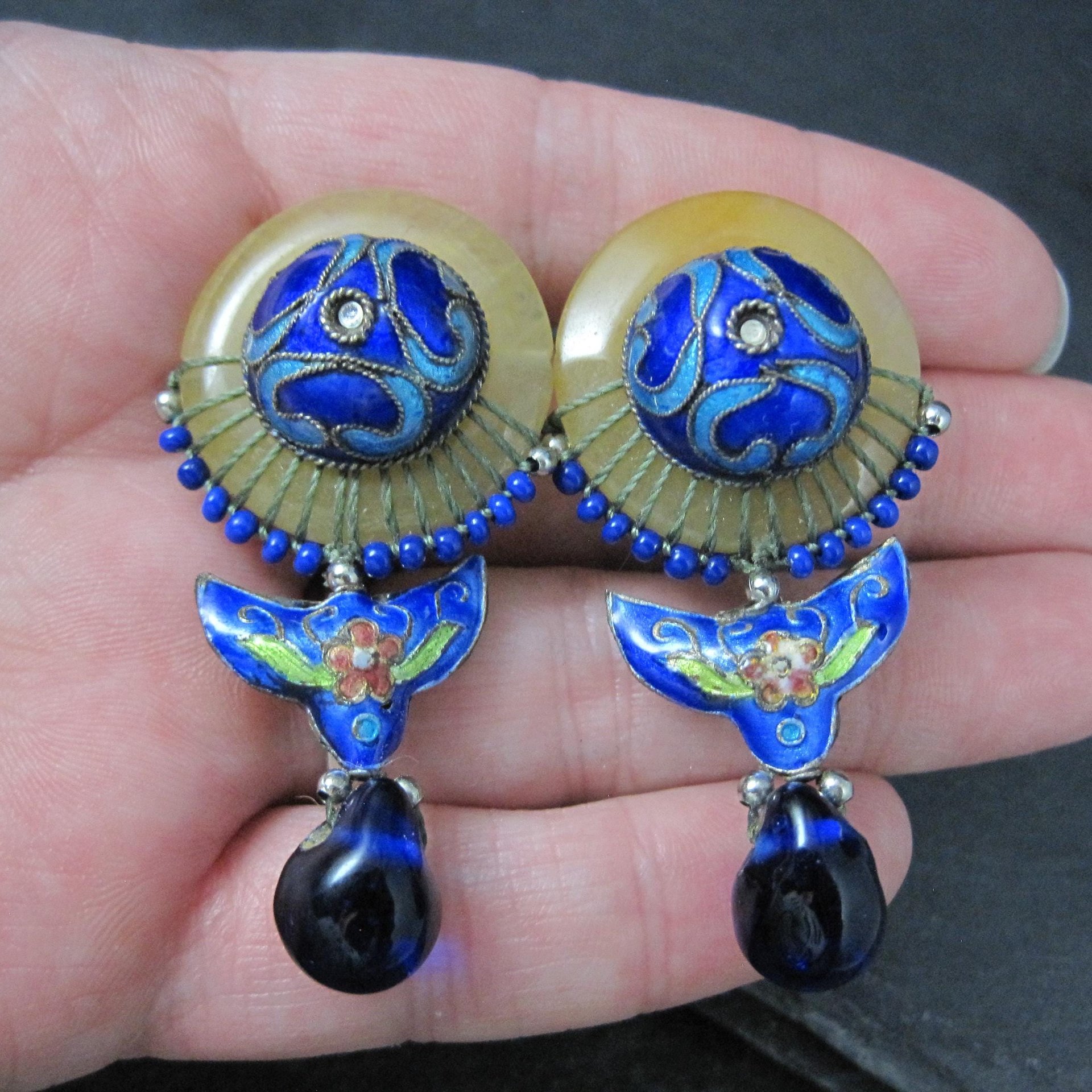 Vintage Cloisonne Enamel Jade Earrings Chinese Export French Backs