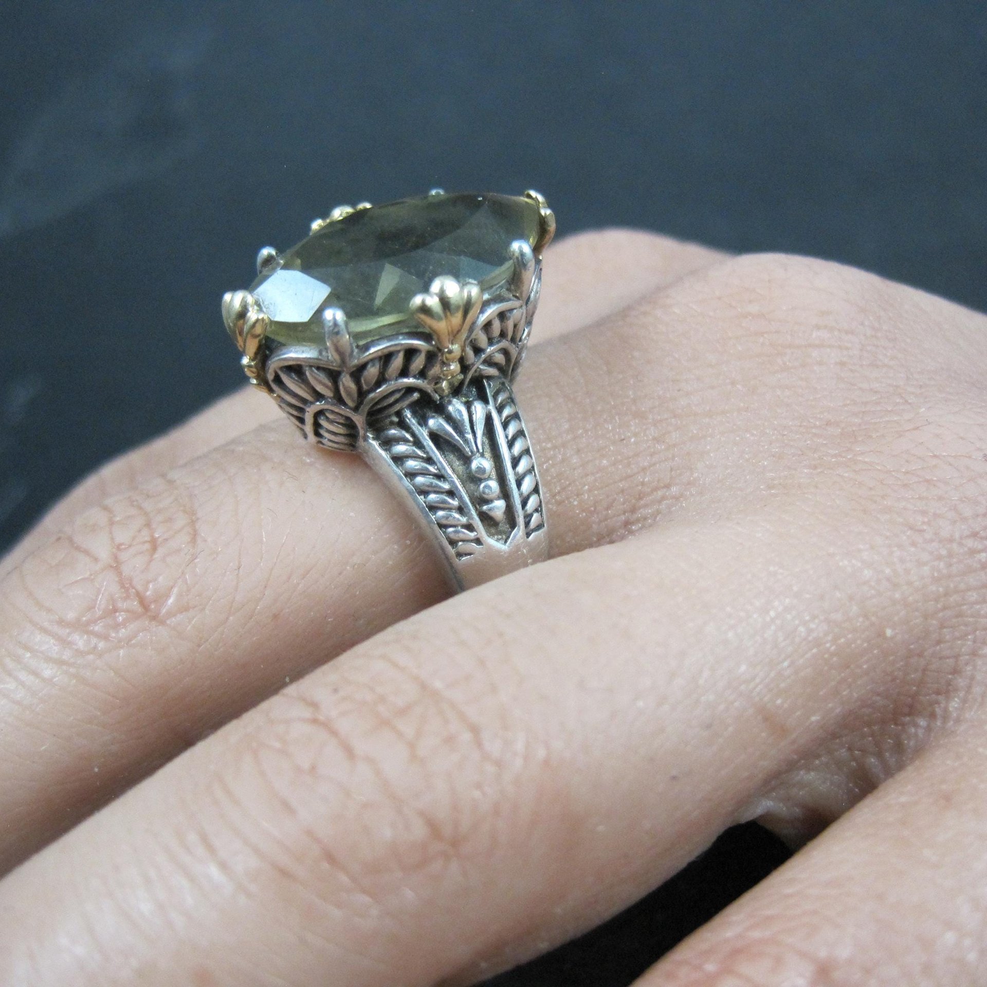 Large Sterling Silver and 14K Smoky Quartz Ring Size 9