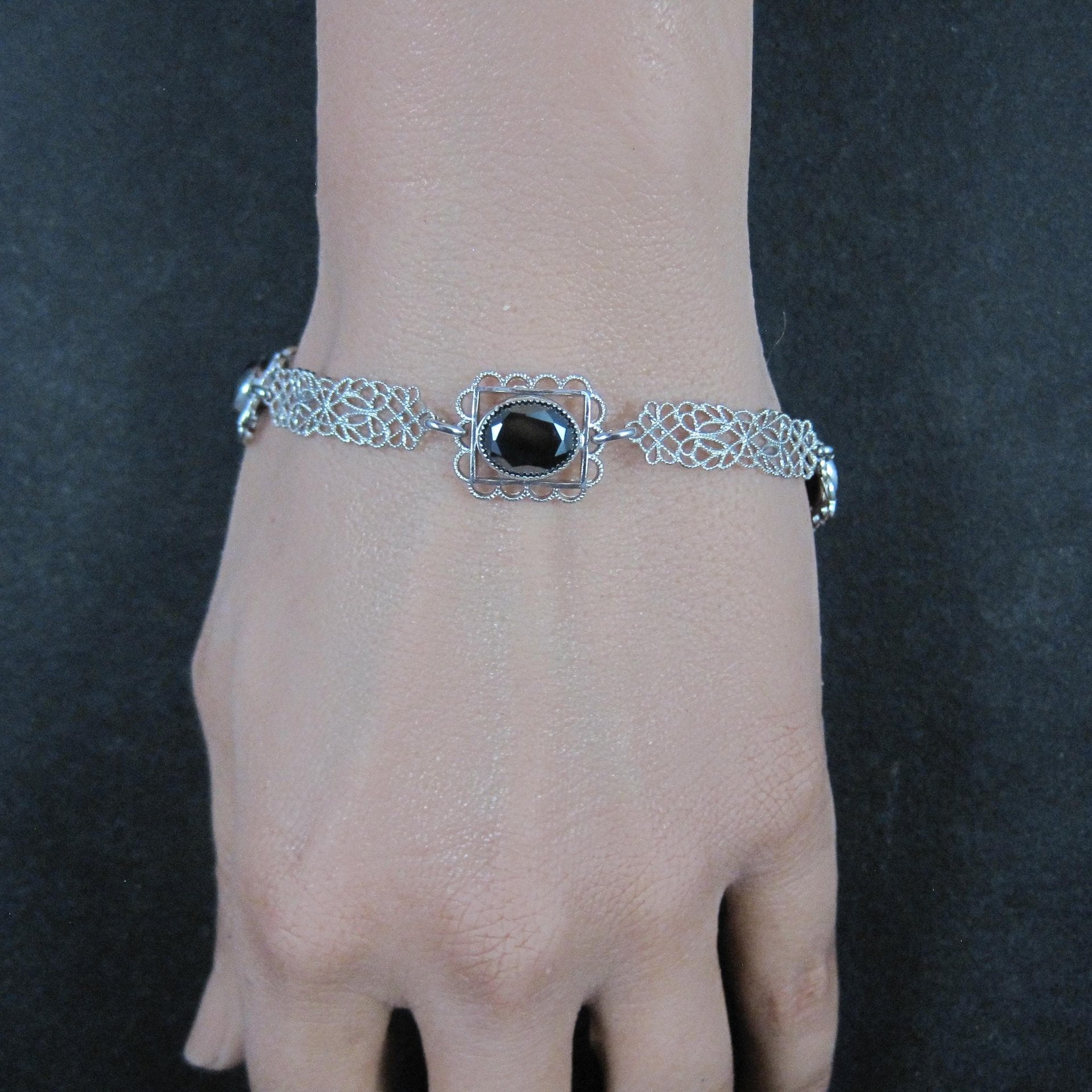 Filigree Hematite Bracelet 14K White Gold Filled 7.5 Inches