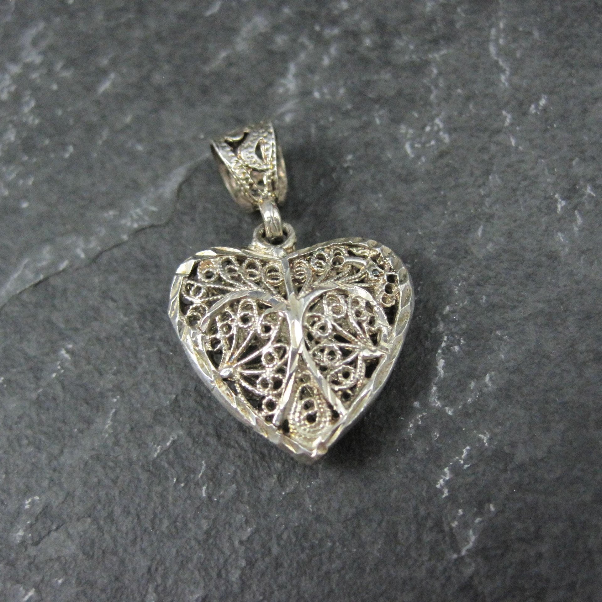 Vintage Diamond Cut Sterling Silver Filigree Heart Pendant