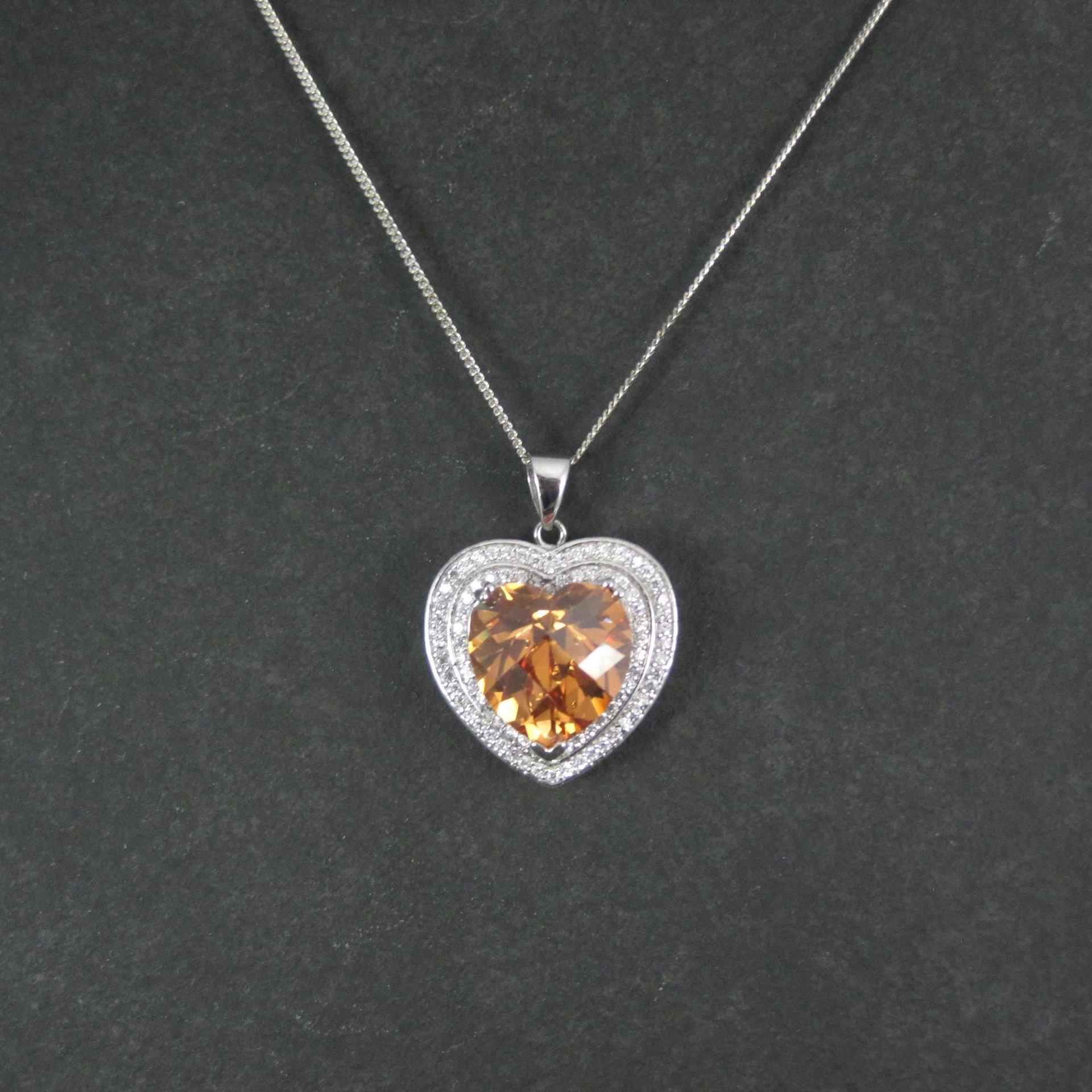 Estate Sterling Cognac Citrine Heart Pendant Necklace