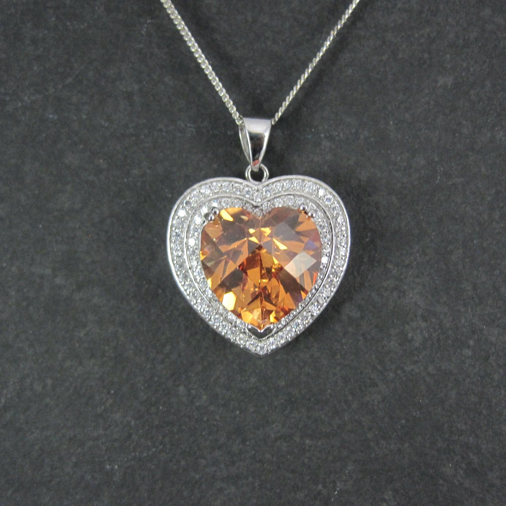 Estate Sterling Cognac Citrine Heart Pendant Necklace