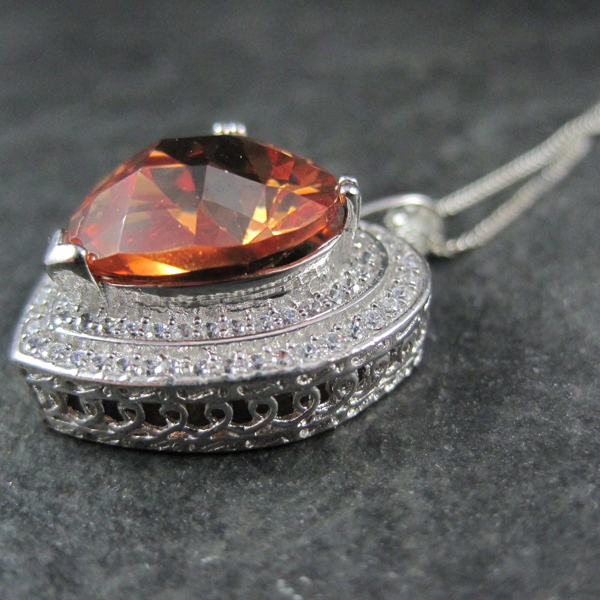 Estate Sterling Cognac Citrine Heart Pendant Necklace