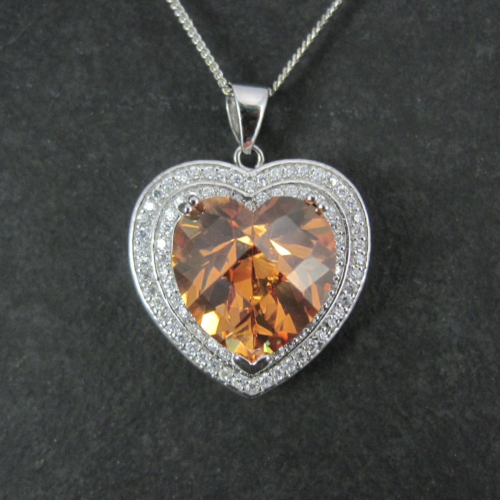 Estate Sterling Cognac Citrine Heart Pendant Necklace