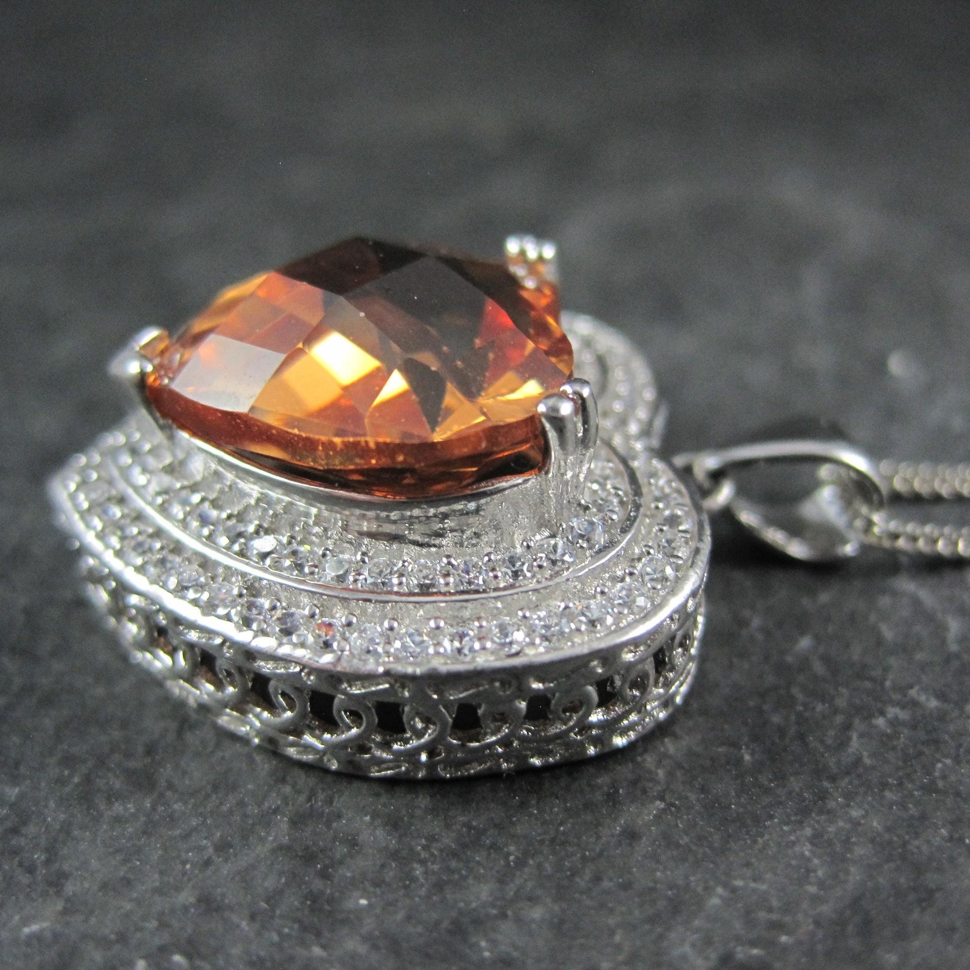 Estate Sterling Cognac Citrine Heart Pendant Necklace
