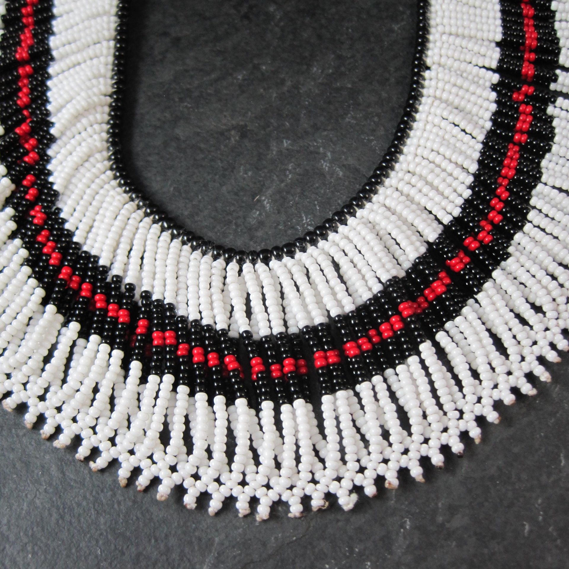 Vintage Black Red White Beaded Collar Necklace