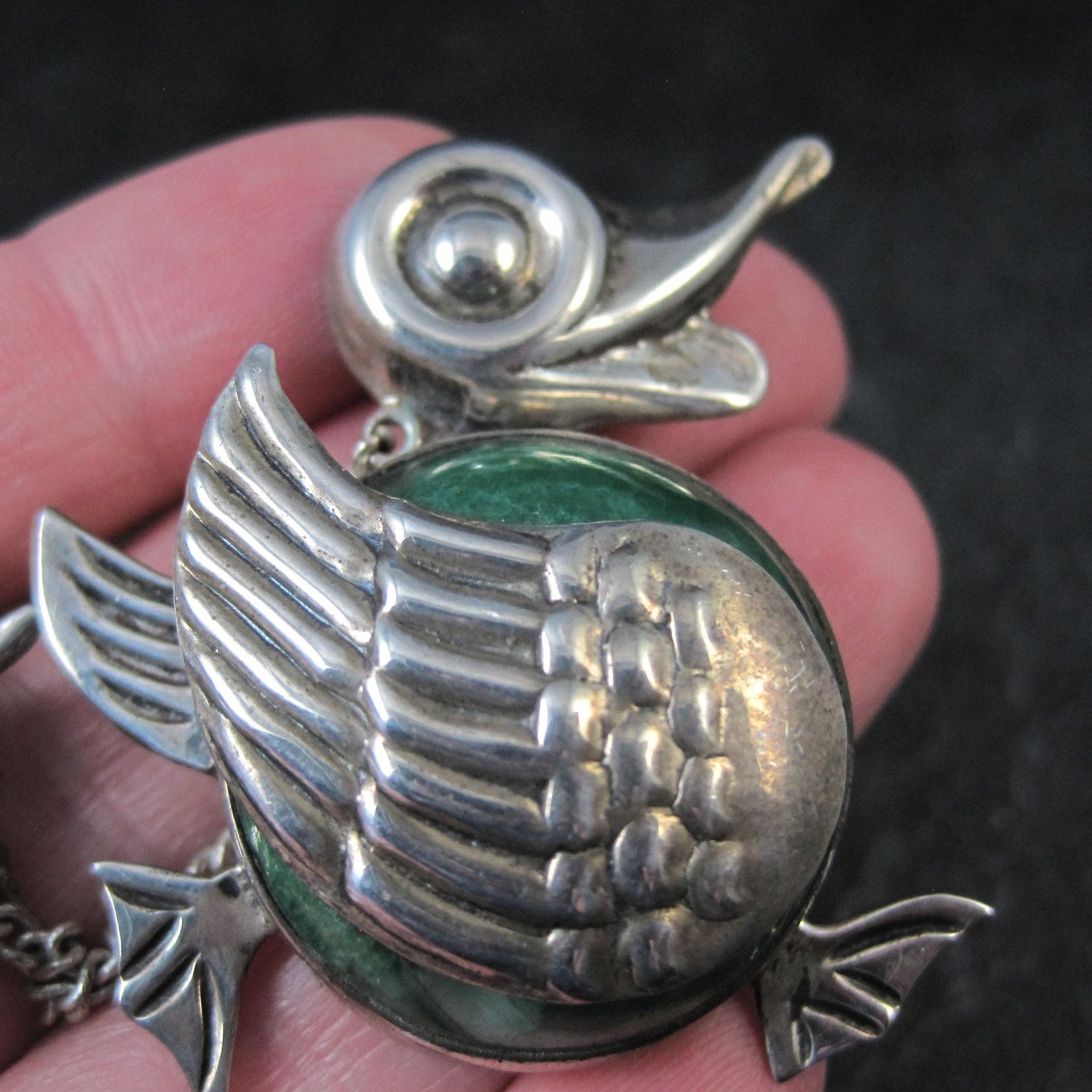 Vintage Sterling Green Calcite Mama Duck & Duckling Brooch Mexican Silver