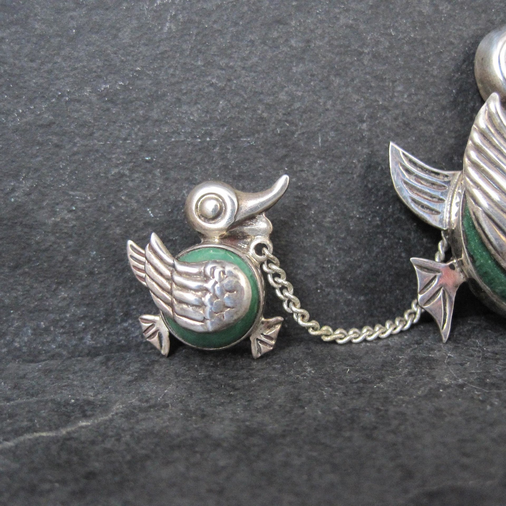 Vintage Sterling Green Calcite Mama Duck & Duckling Brooch Mexican Silver