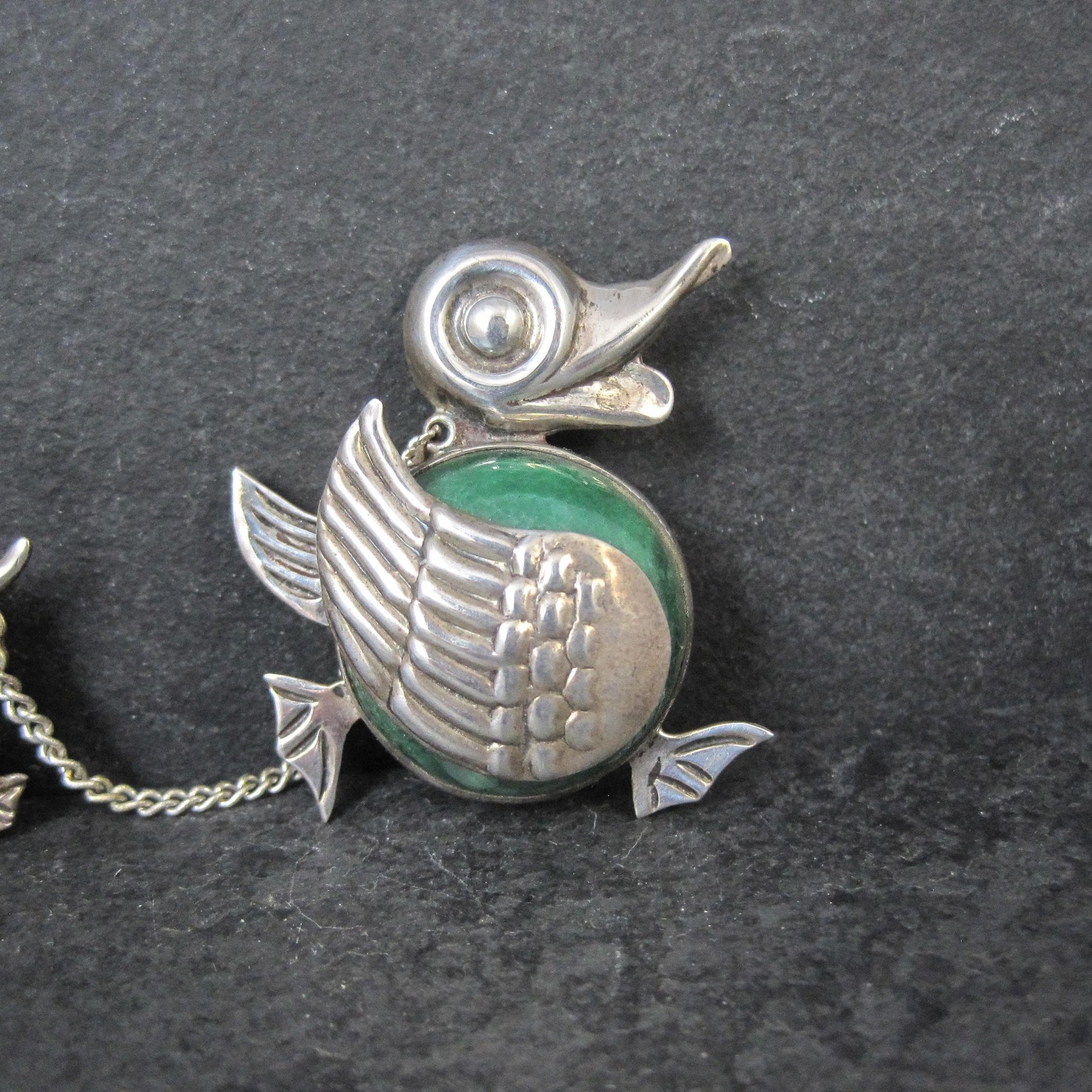 Vintage Sterling Green Calcite Mama Duck & Duckling Brooch Mexican Silver