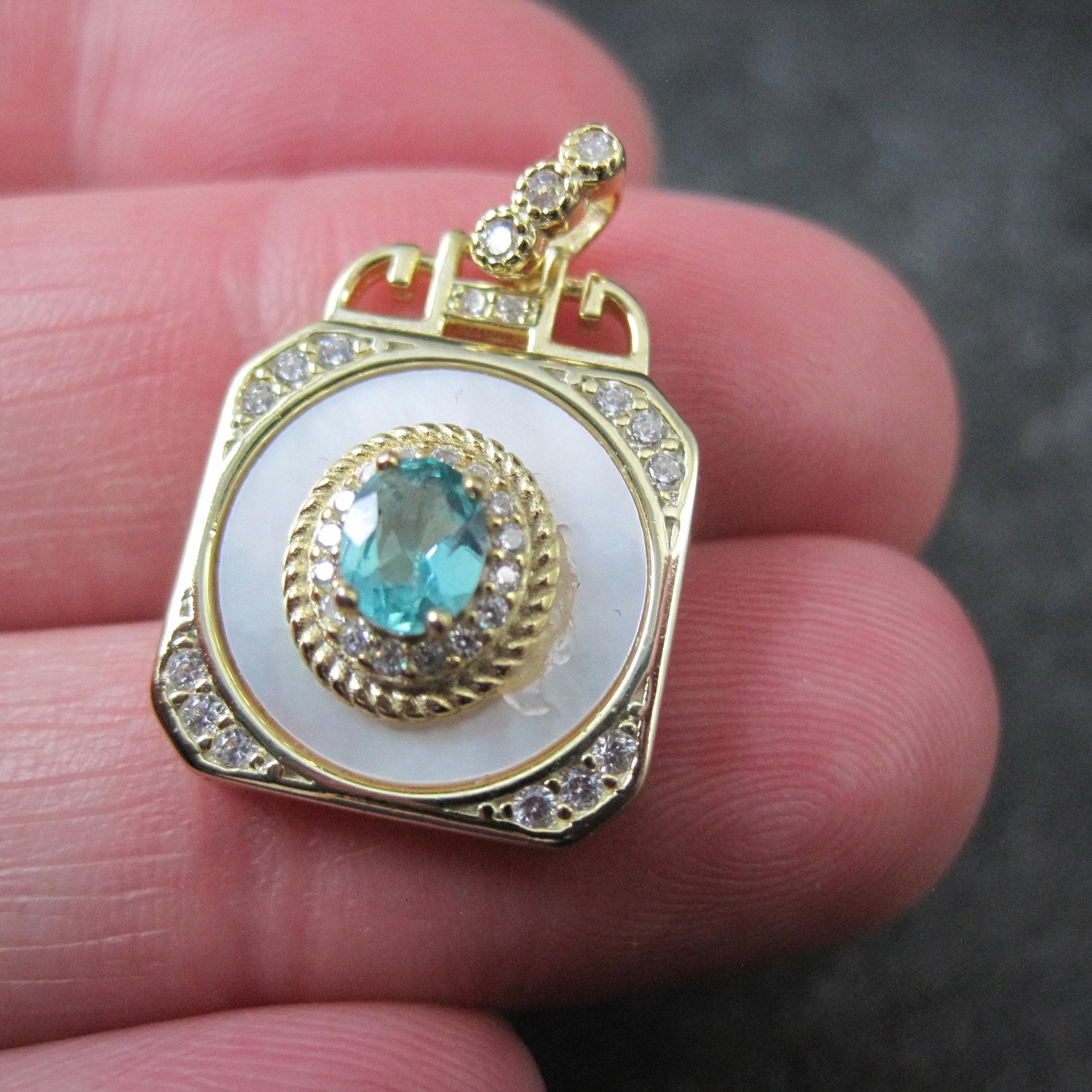 Apatite White Zircon Mother of Pearl Pendant Vermeil Sterling Estate