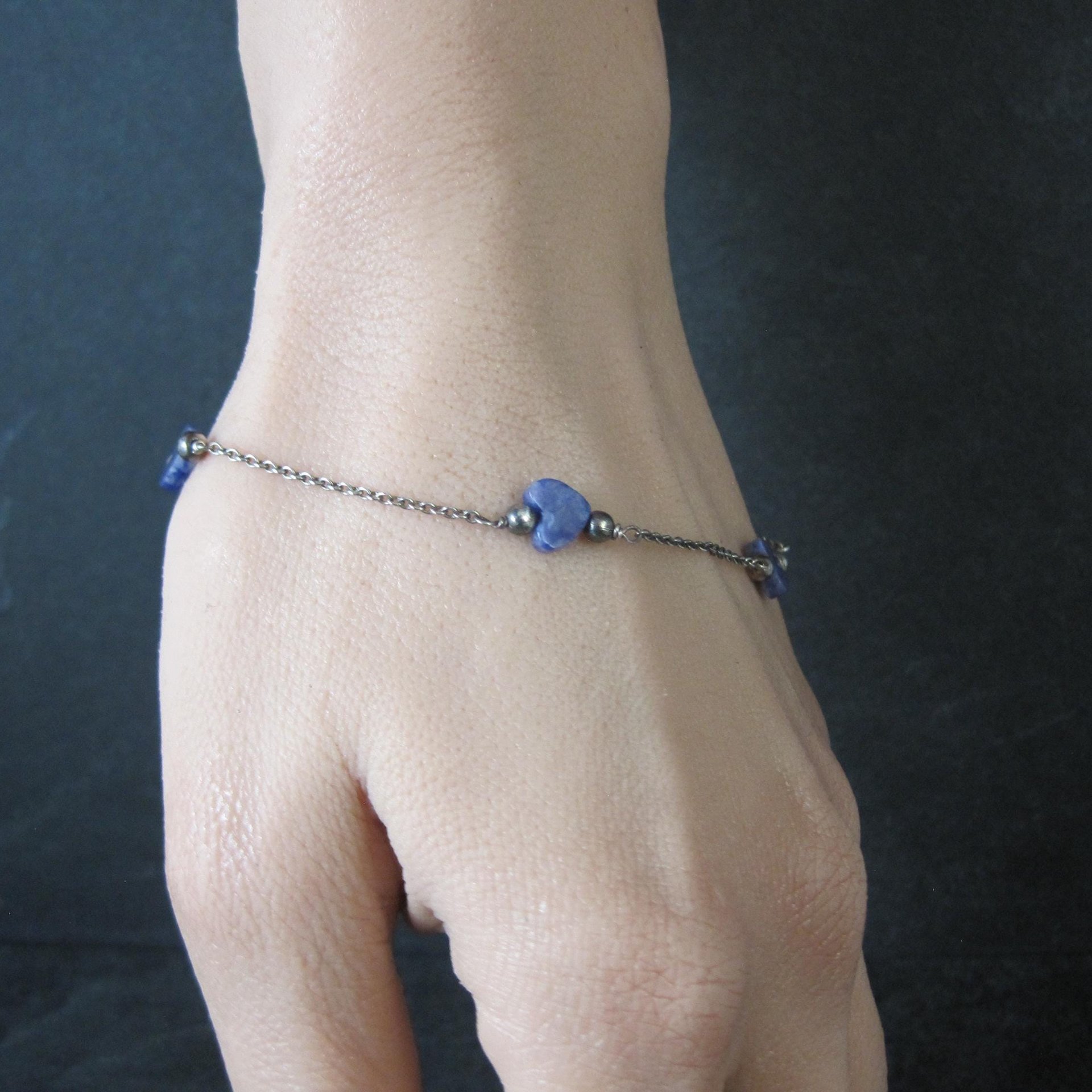 Dainty Vintage Sodalite Heart Bracelet Sterling Silver 7.5"