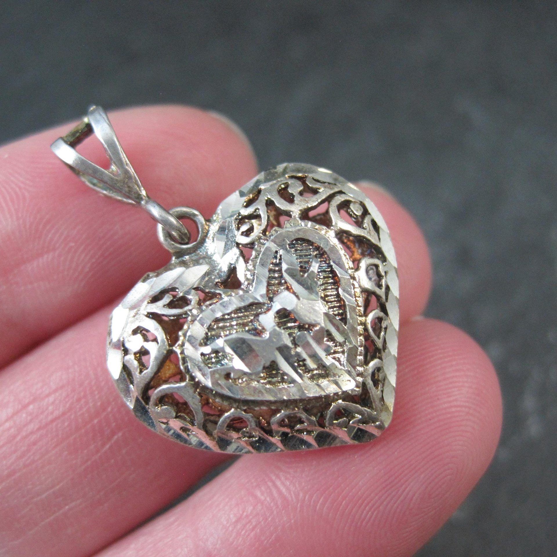Vintage Puffy Filigree Heart Pendant Reversible Sterling Silver Diamond Cut