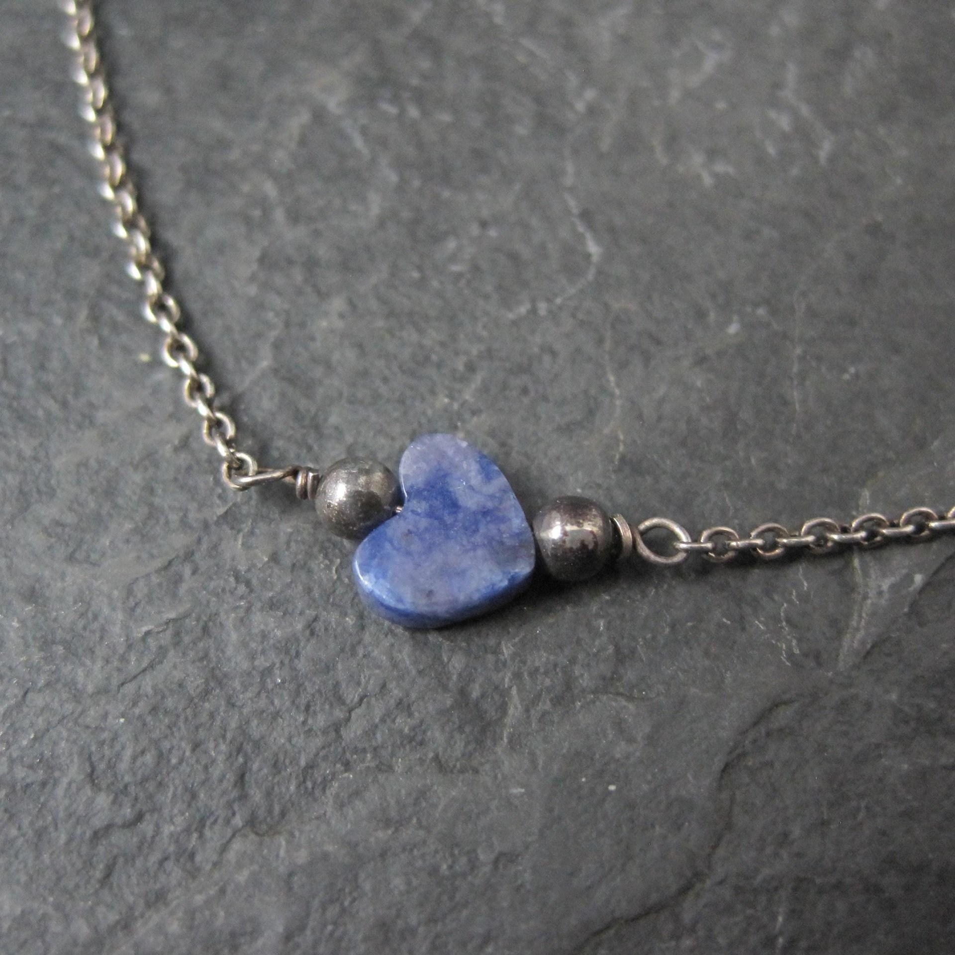 Dainty Vintage Sodalite Heart Bracelet Sterling Silver 7.5"