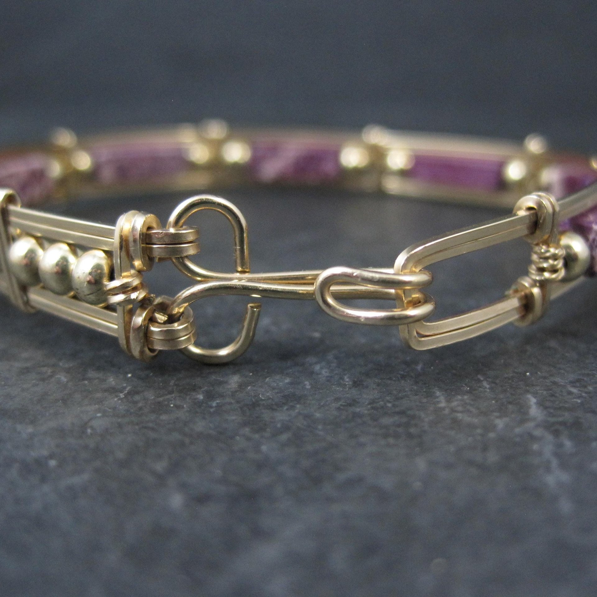 Purple Jasper Wire Wrapped Bangle Bracelet 14K Gold Filled 7.25"