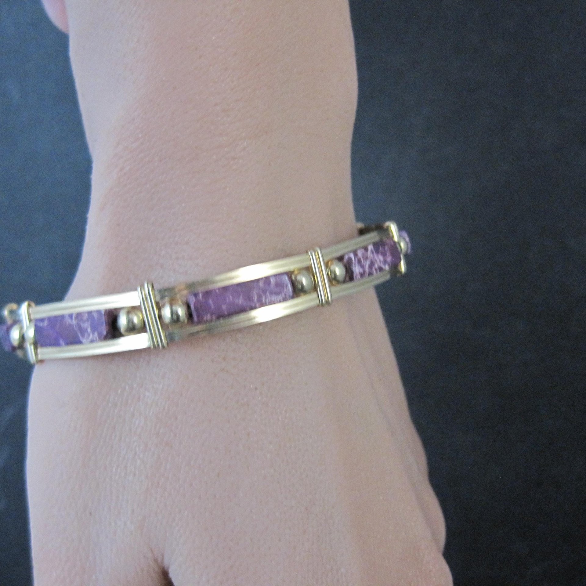 Purple Jasper Wire Wrapped Bangle Bracelet 14K Gold Filled 7.25"