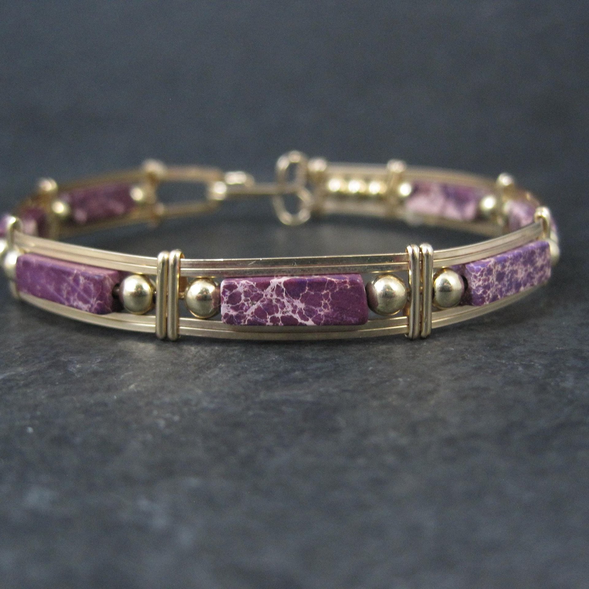 Purple Jasper Wire Wrapped Bangle Bracelet 14K Gold Filled 7.25"