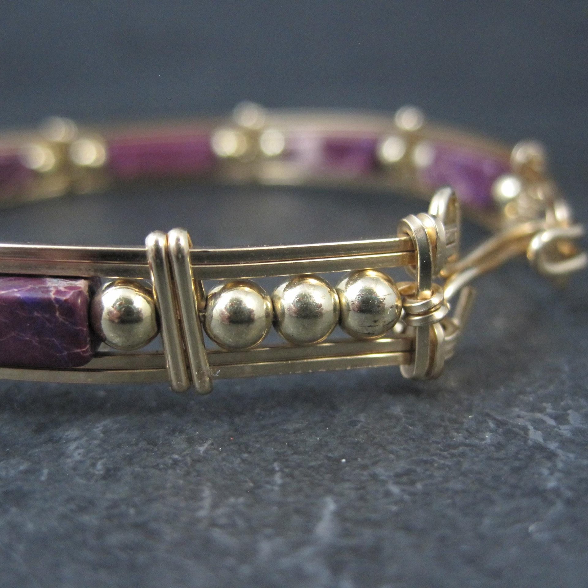 Purple Jasper Wire Wrapped Bangle Bracelet 14K Gold Filled 7.25"