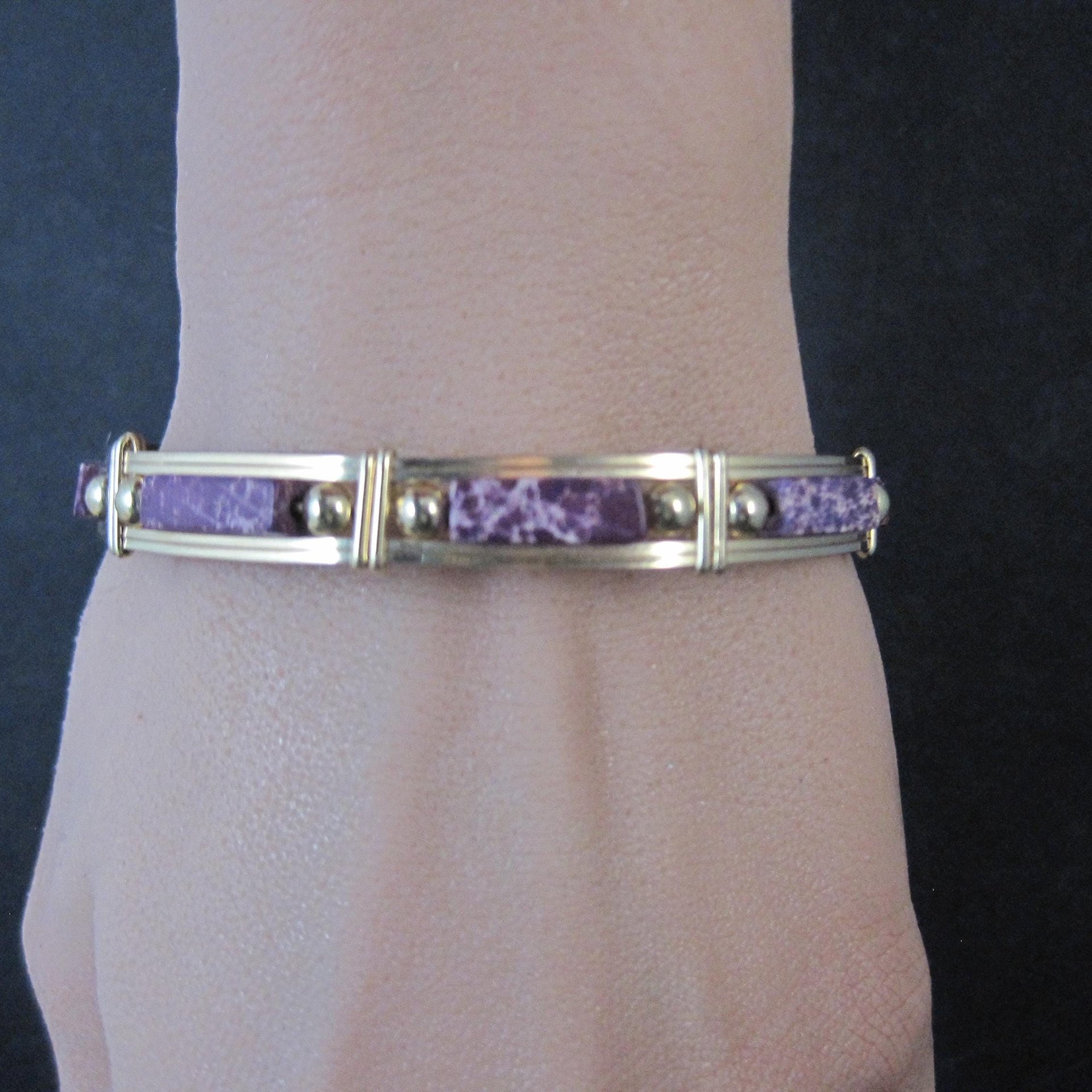 Purple Jasper Wire Wrapped Bangle Bracelet 14K Gold Filled 7.25"